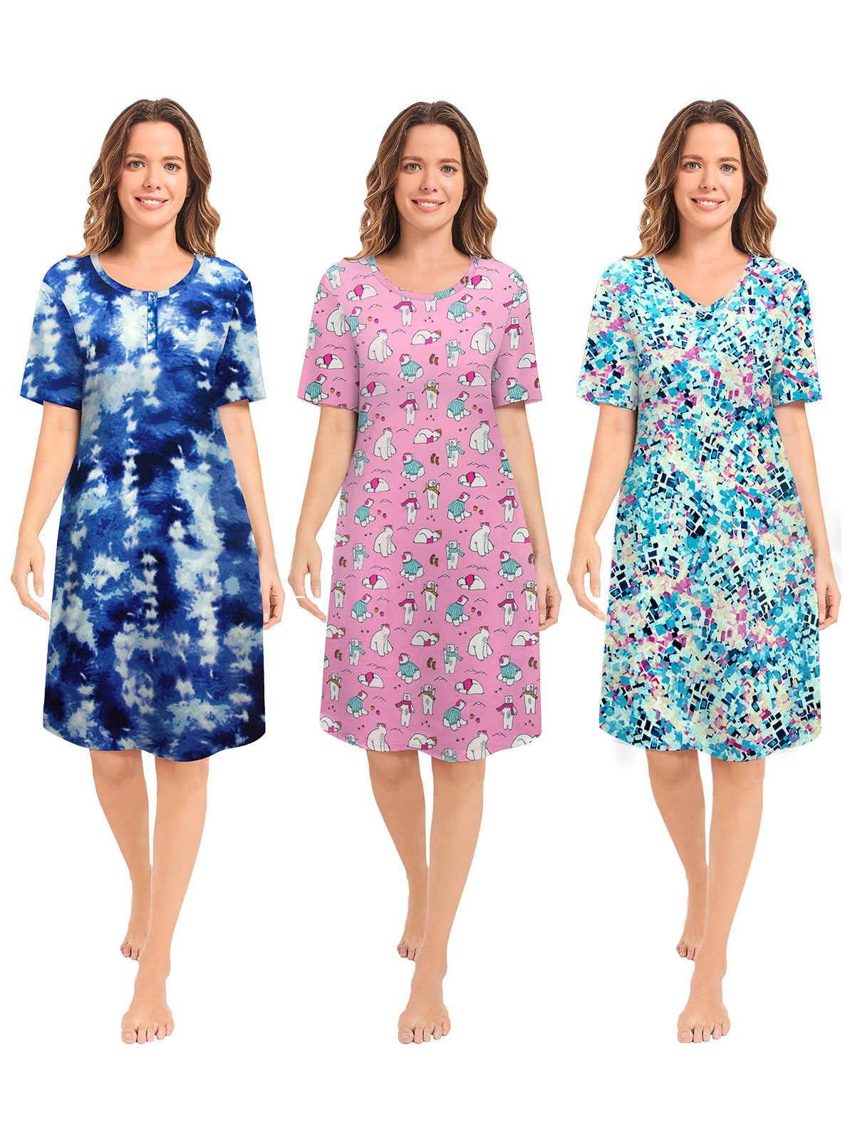 3 Pack Nightgowns for Women Short Sleeve Night Gown Soft Sleep Shirts Women's Sleepwear Print Sleep Dress WEBE CLOTHING