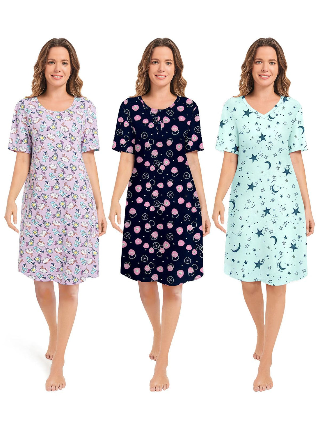 3 Pack Nightgowns for Women Short Sleeve Night Gown Soft Sleep Shirts Women's Sleepwear Print Sleep Dress WEBE CLOTHING