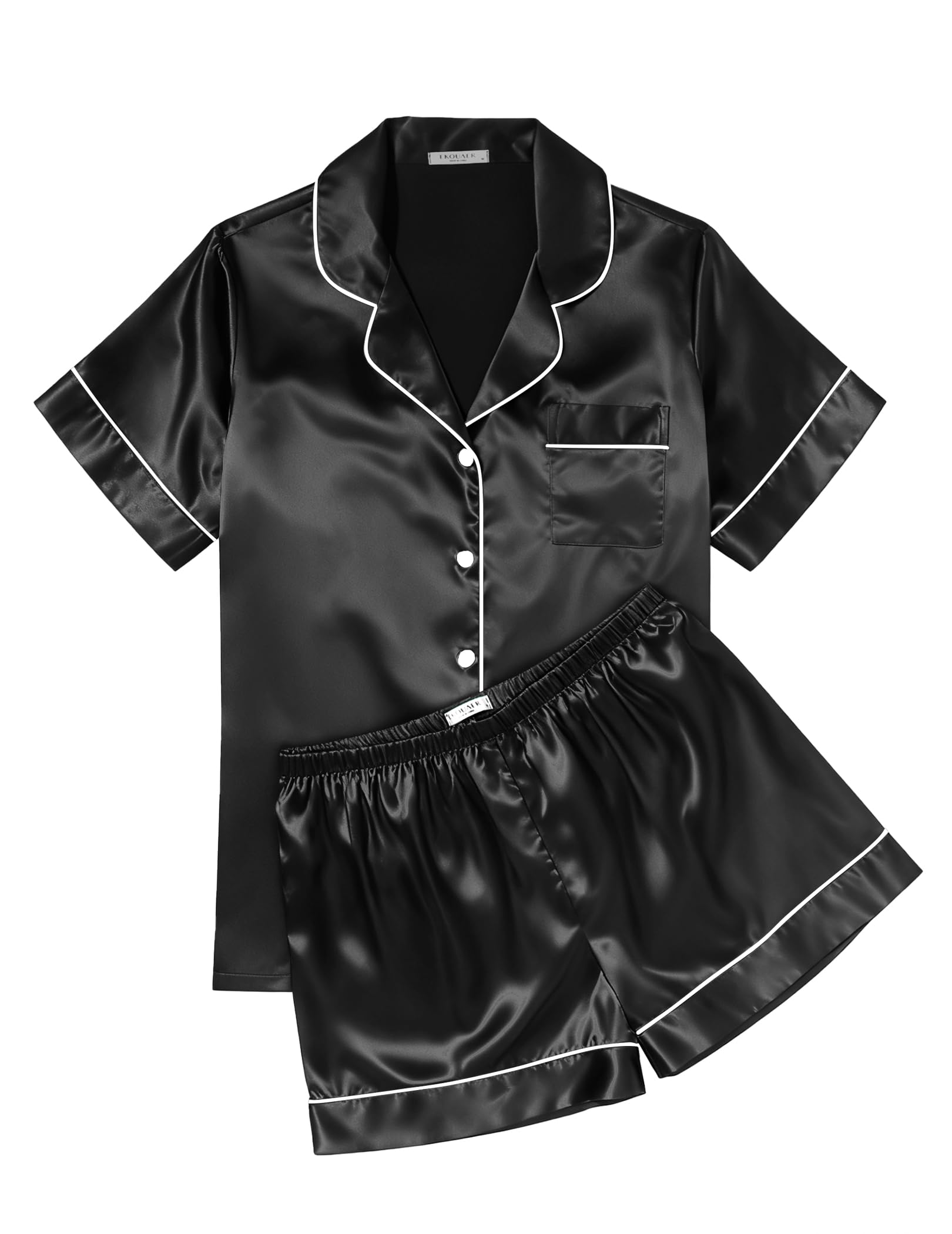 Ekouaer Womens Silk Satin Pajama Sets Soft Short Sleeve Button Down Sleepwear Top and Shorts 2 Piece Pjs Lounge Set