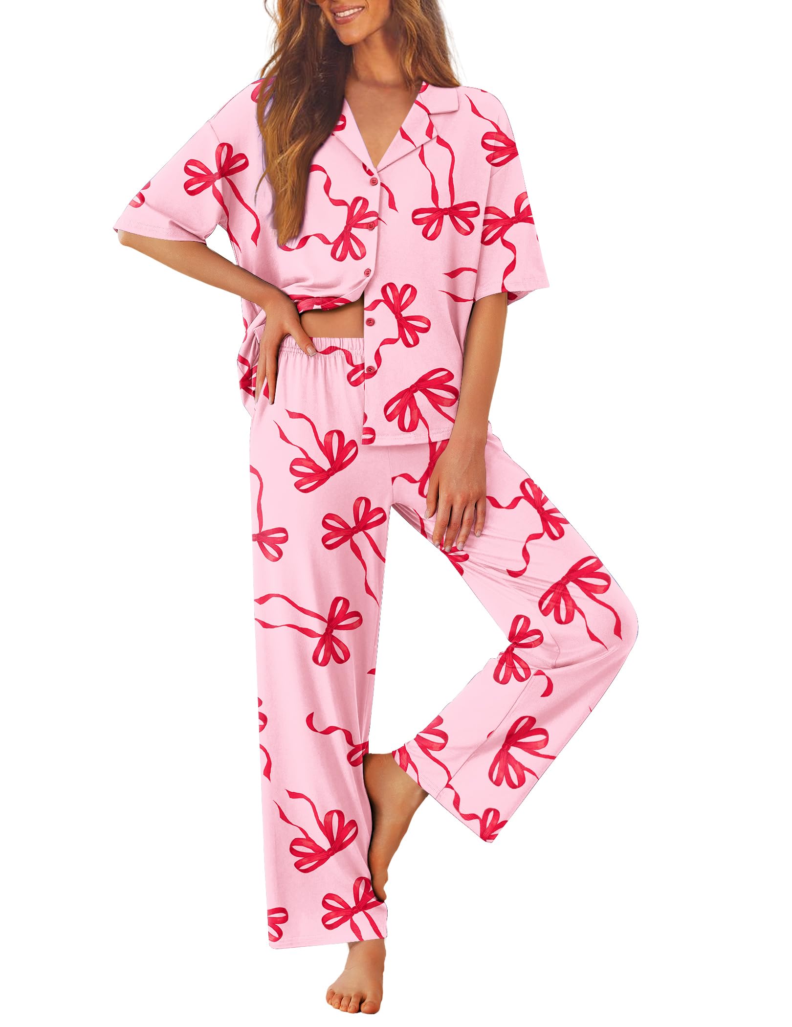 Ekouaer Women Pajamas Set Button Down Sleepwear Short Sleeve Pjs Soft Comfy Nightwear with Long Pants S-XXL
