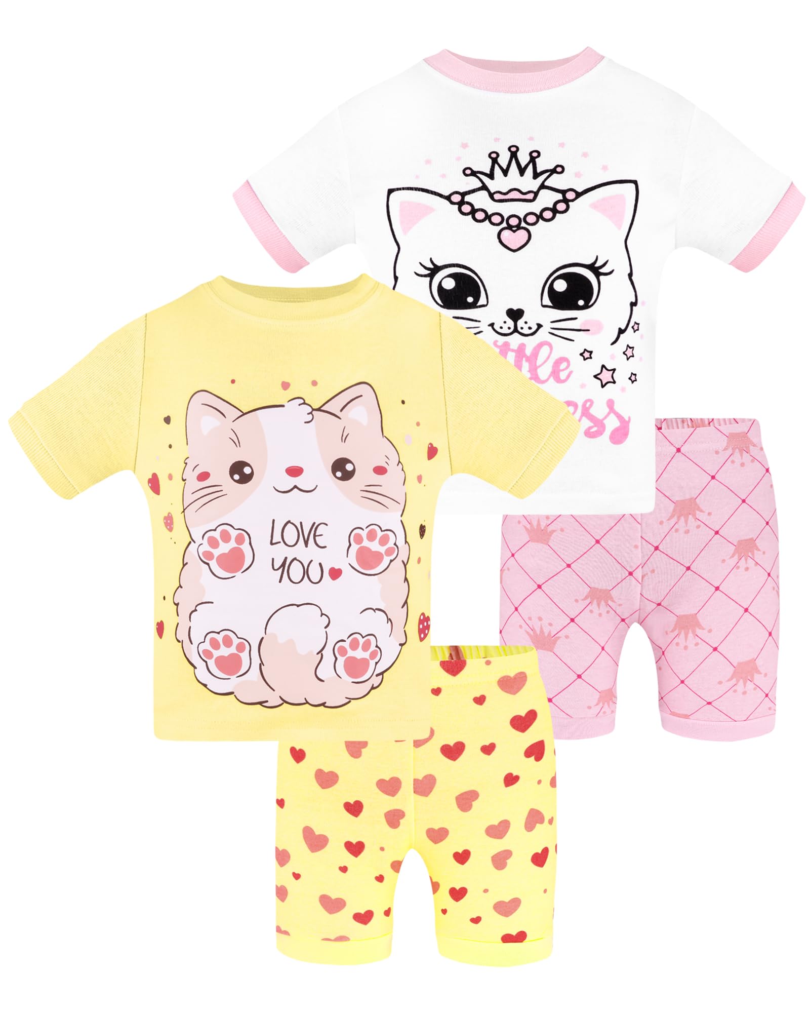 DAUGHTER QUEEN Girls Summer Pajamas Set 4 Pieces 100% Cotton Sleepwear Size 18 Months-12 Years