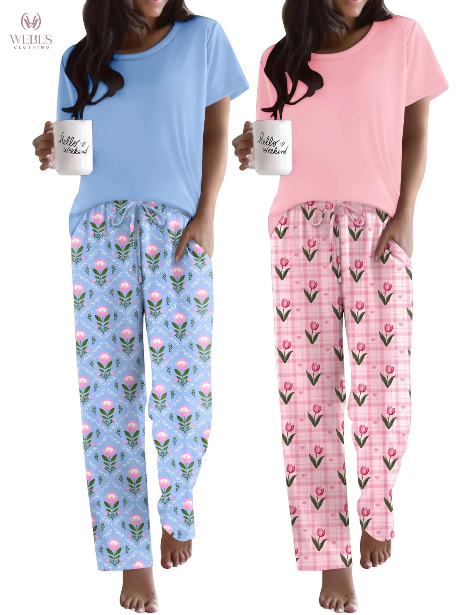 Ekouaer 2 Pack Pajamas for Women Set Short Sleeve Pj Top and Printed Pants | Soft PJs Cozy Printed Lounge Sets Comfy Sleepwear with Pockets WEBE CLOTHING
