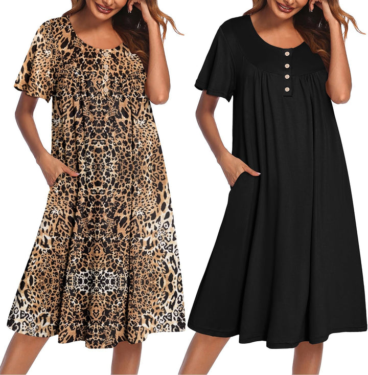 Ekouaer 2 Pack House Dresses for Women with Pockets Short Sleeve Moo Moos | Ruffle Sleeve Mumu Dress, Soft Button Front Nightgown, Two Side Pockets, Comfy Sleepwear, Perfect for Your Mom, Grandma, Gift WEBE CLOTHING