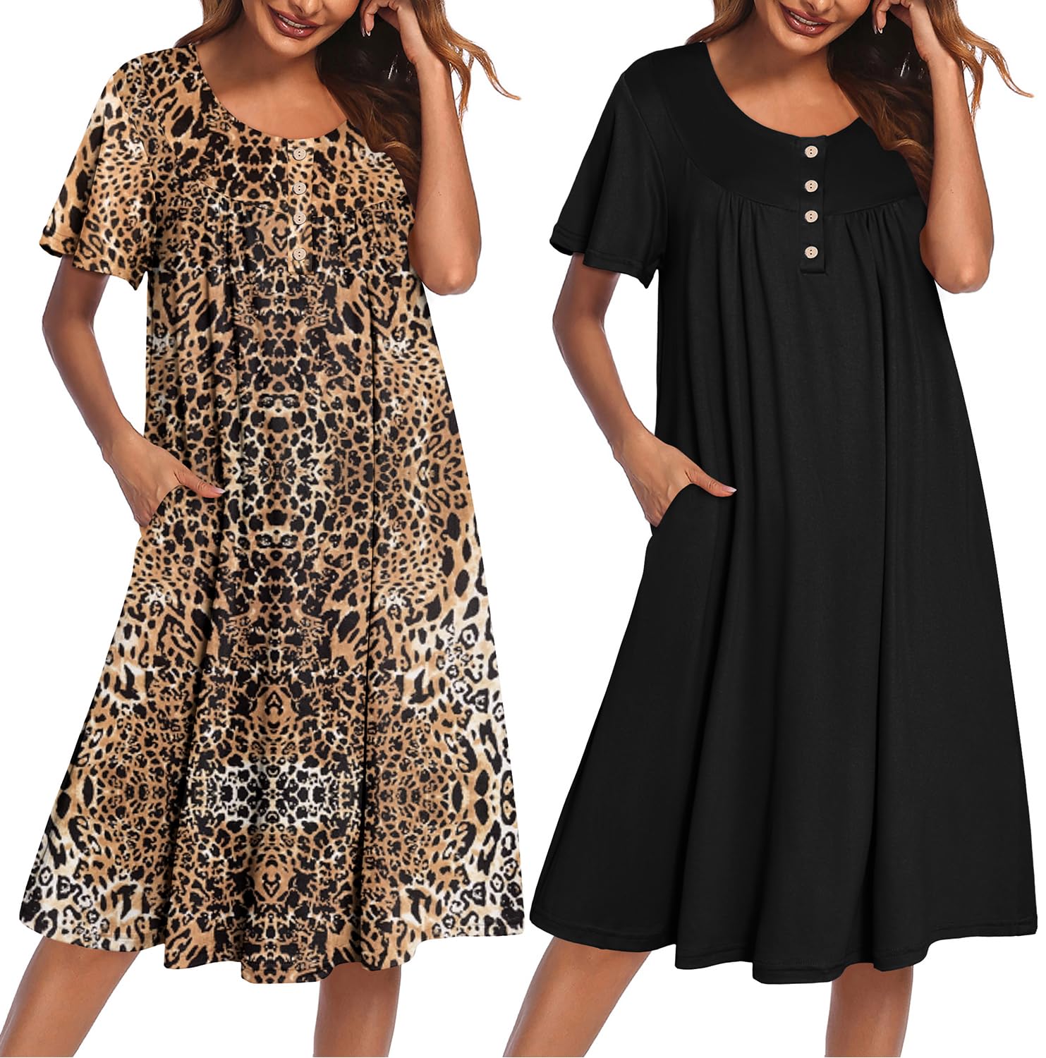 Ekouaer 2 Pack House Dresses for Women with Pockets Short Sleeve Moo Moos | Ruffle Sleeve Mumu Dress, Soft Button Front Nightgown, Two Side Pockets, Comfy Sleepwear, Perfect for Your Mom, Grandma, Gift WEBE CLOTHING