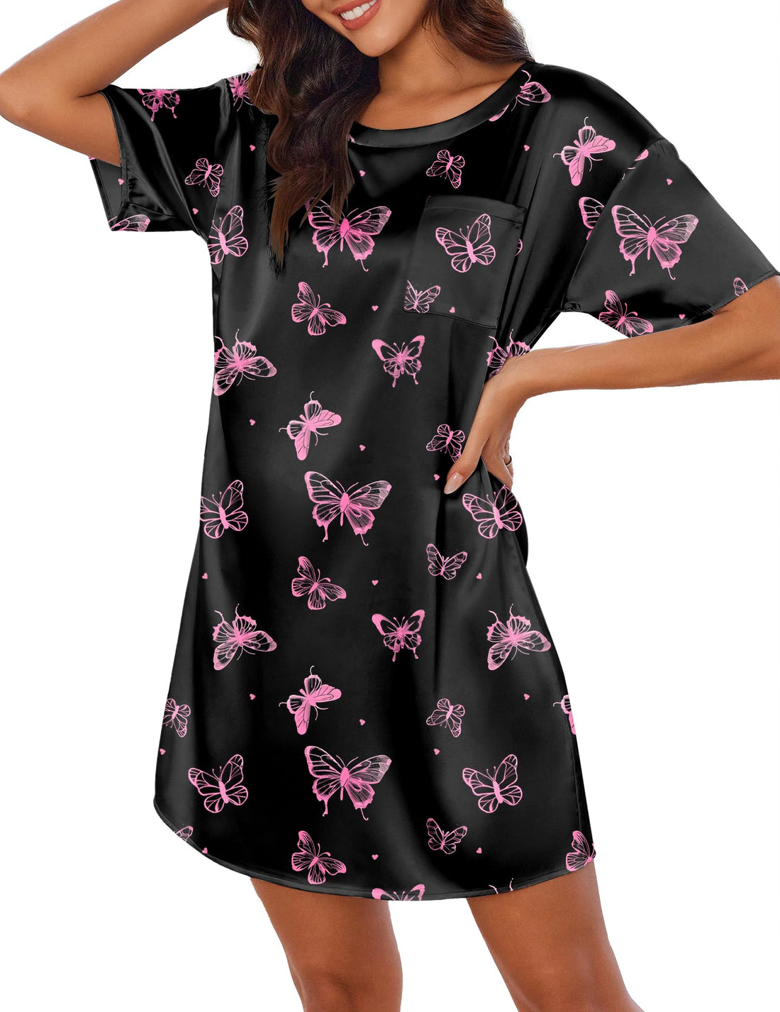Ekouaer Silk Sleep Shirts for Women Satin Nightshirt Tshirt Nightgown Short Sleeve Round Neck Sleepwear with Pocket S-2XL