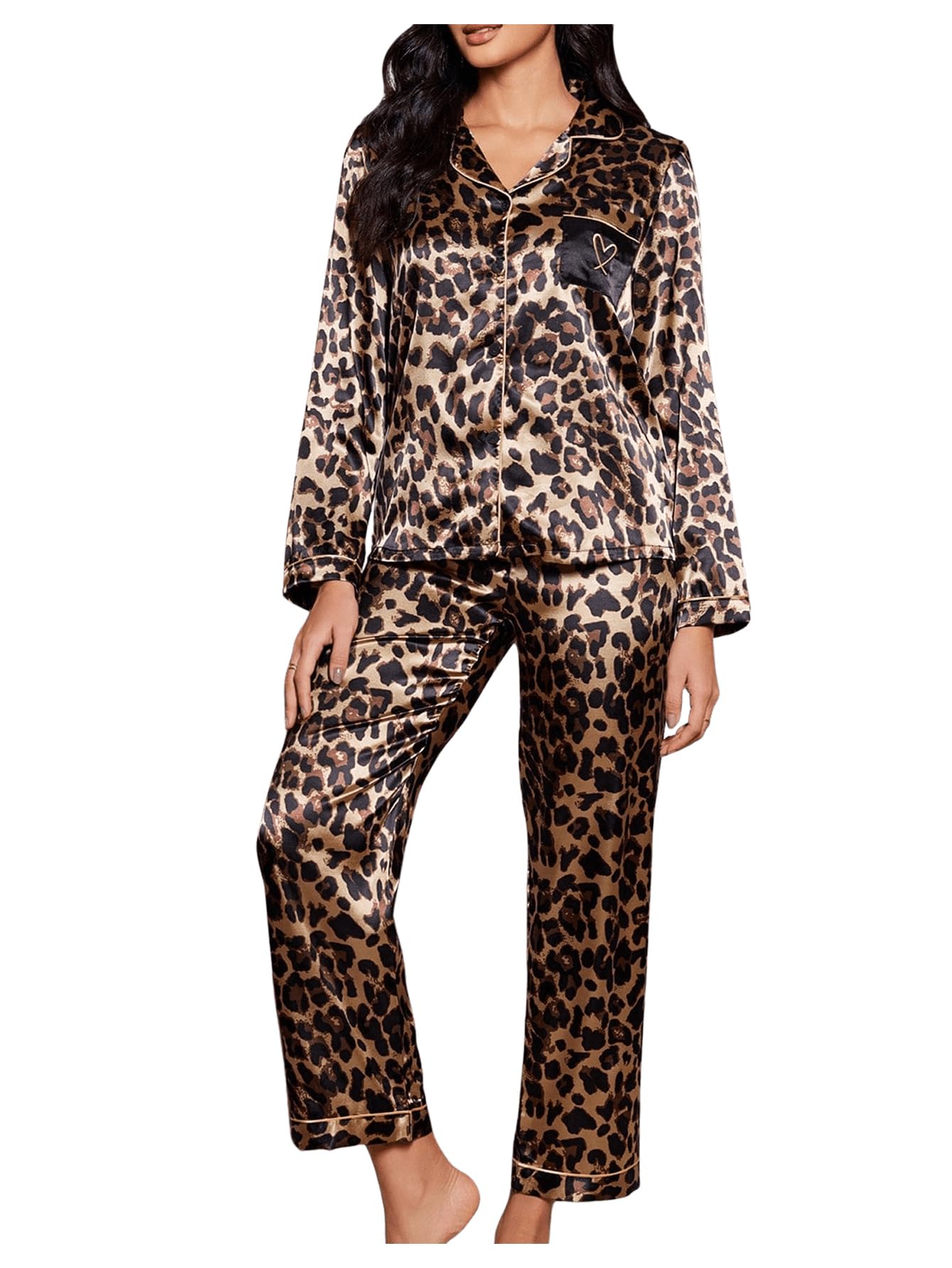 WDIRARA Women's 2 Piece Leopard Print Satin Pajama Set Lounge Sleepwear Set | Animal Print,Leopard Print Satin,Long Sleeve,Button Down,Cheetah Silk Loungewear Pj WEBE CLOTHING