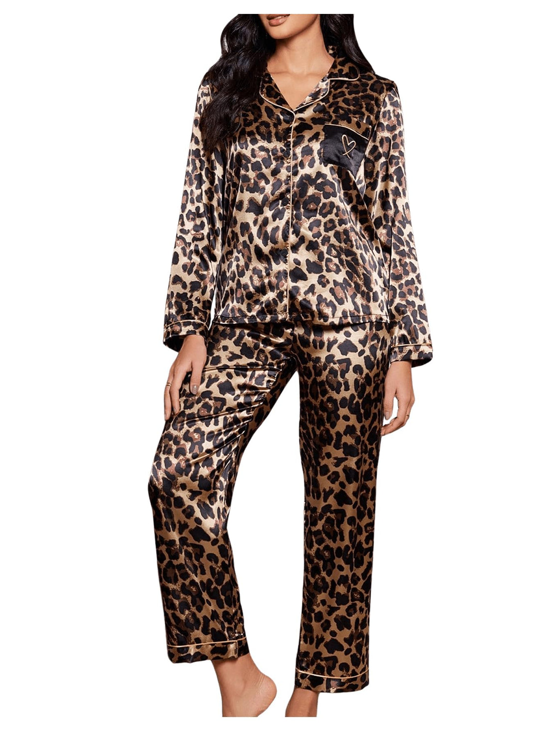 WDIRARA Women's 2 Piece Leopard Print Satin Pajama Set Lounge Sleepwear Set | Animal Print,Leopard Print Satin,Long Sleeve,Button Down,Cheetah Silk Loungewear Pj WEBE CLOTHING