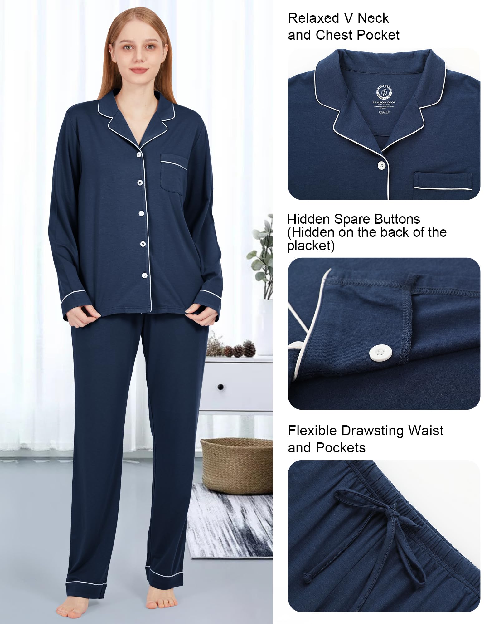 BAMBOO COOL Pajamas Set for Women Comfy Lounge Set Button Down Sleepwear Long Sleeve Pj Set