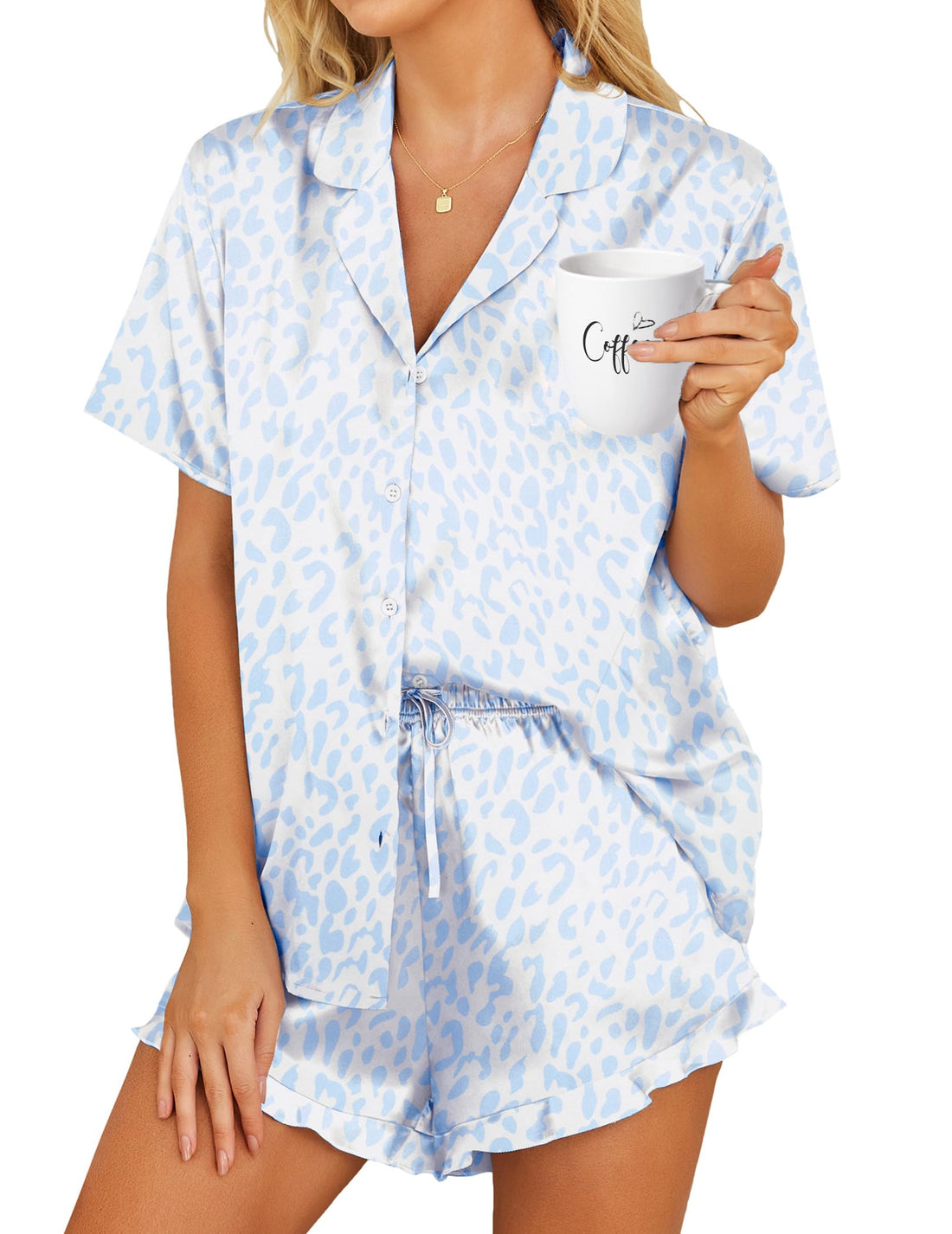 HOTOUCH Womens Satin Pajamas Set Button Down 2 Piece Silk Pjs Shorts Set Ruffle Lingerie Notch Collar Sleepwear
