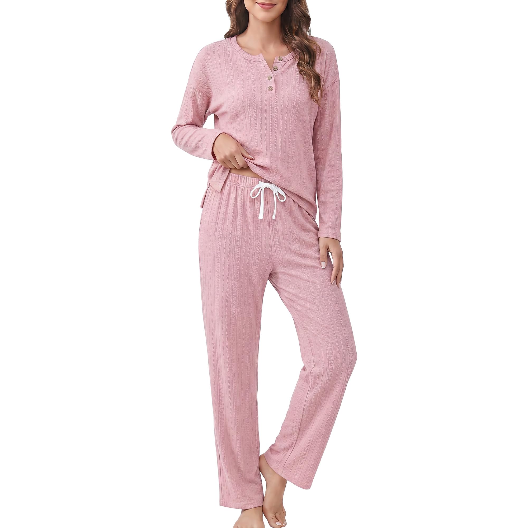 U2SKIIN Soft Pajama Set for Women Cable Knit Loungewear Henley Neck Long Sleeve Comfy Sleepwear with Pockets All Season