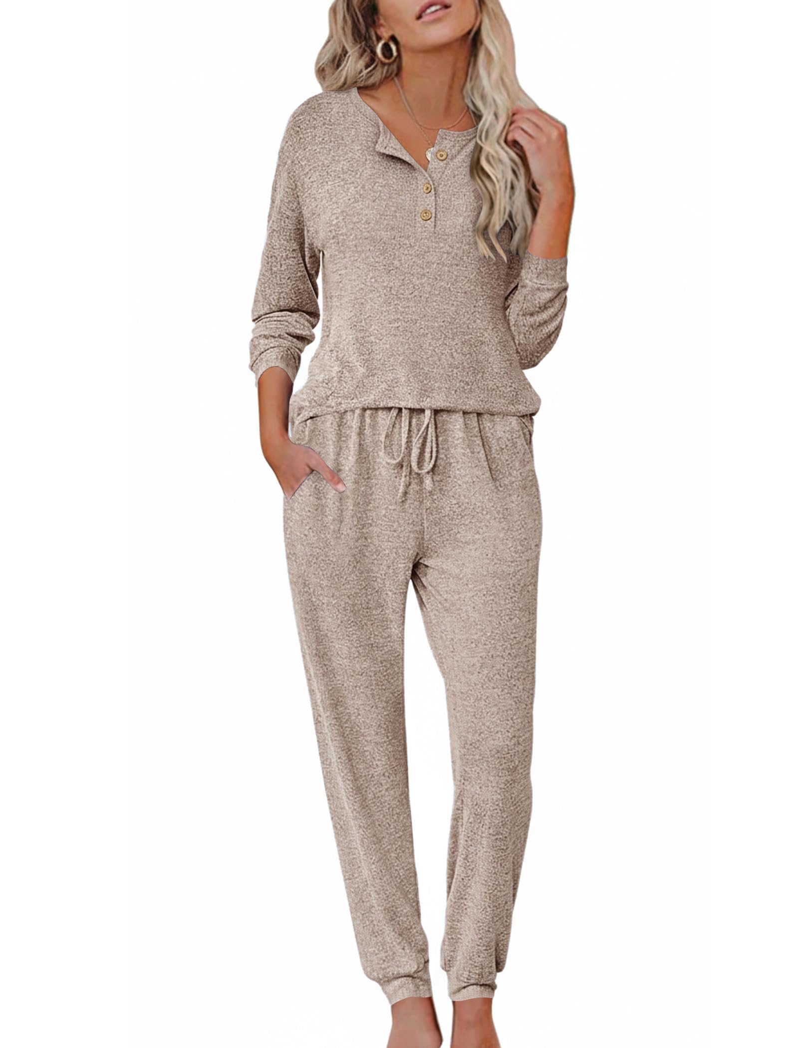 Ekouaer Womens Pajama Sets Long Sleeve Lounge Set 2 Piece Pj Sets for Women Henley Neck Casual Sleepwear Loungewear S-XXL