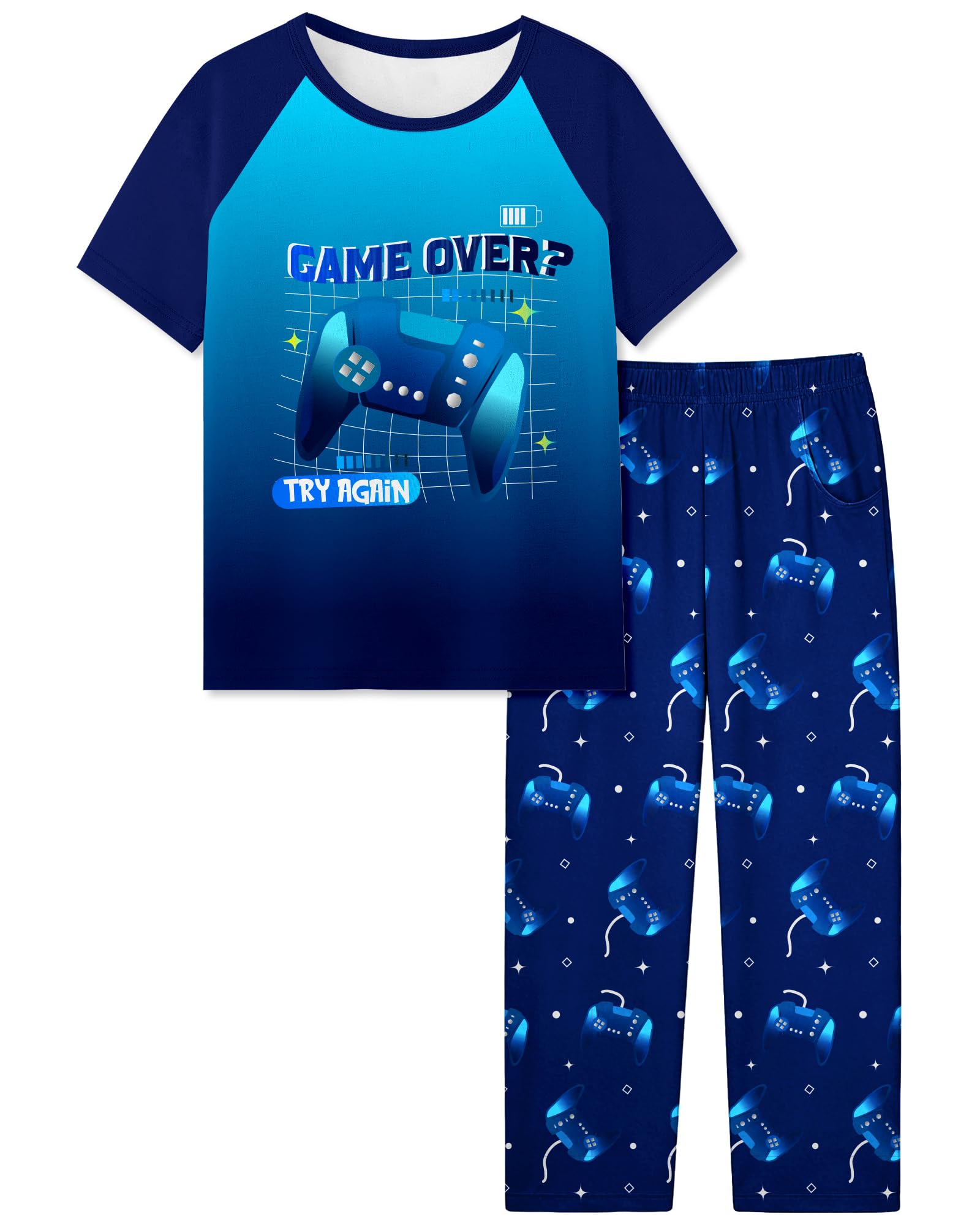 Fiodrimy Boys Pajamas Little Big Boys Short Sleeves and Pants Pajamas 2-Piece Pjs Set Kids Sleepwear Size 8-14