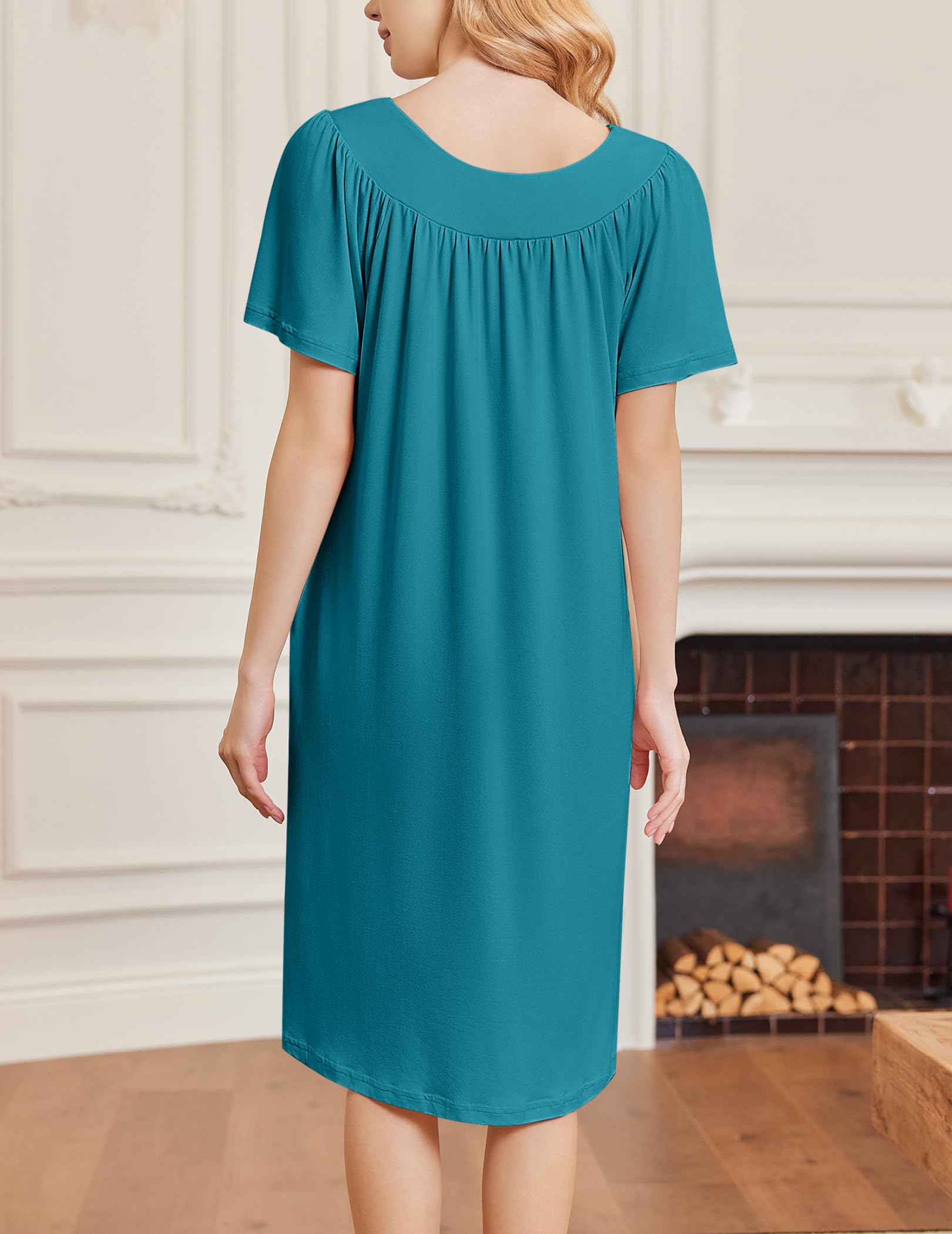 Ekouaer Nightgowns for Women House Dress Short Sleeve Moo Moo with Pockets | Pleated Mumu Dresses V Neck Sleepwear Short Sleeve Night Gowns Soft Sleep Shirts Plus Size Night Shirts Ladies Lounge Dress WEBE CLOTHING