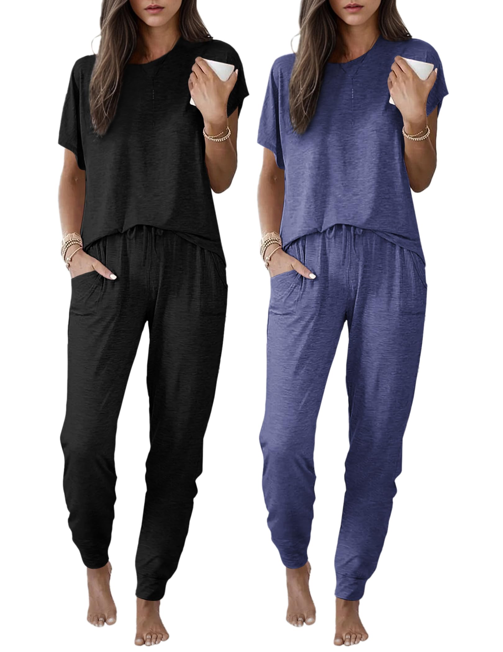 Ekouaer 2 pack Pajama Sets for Womens Jogger Pants Pjs Short Sleeves Lounge Set Soft Sleepwear with Pockets