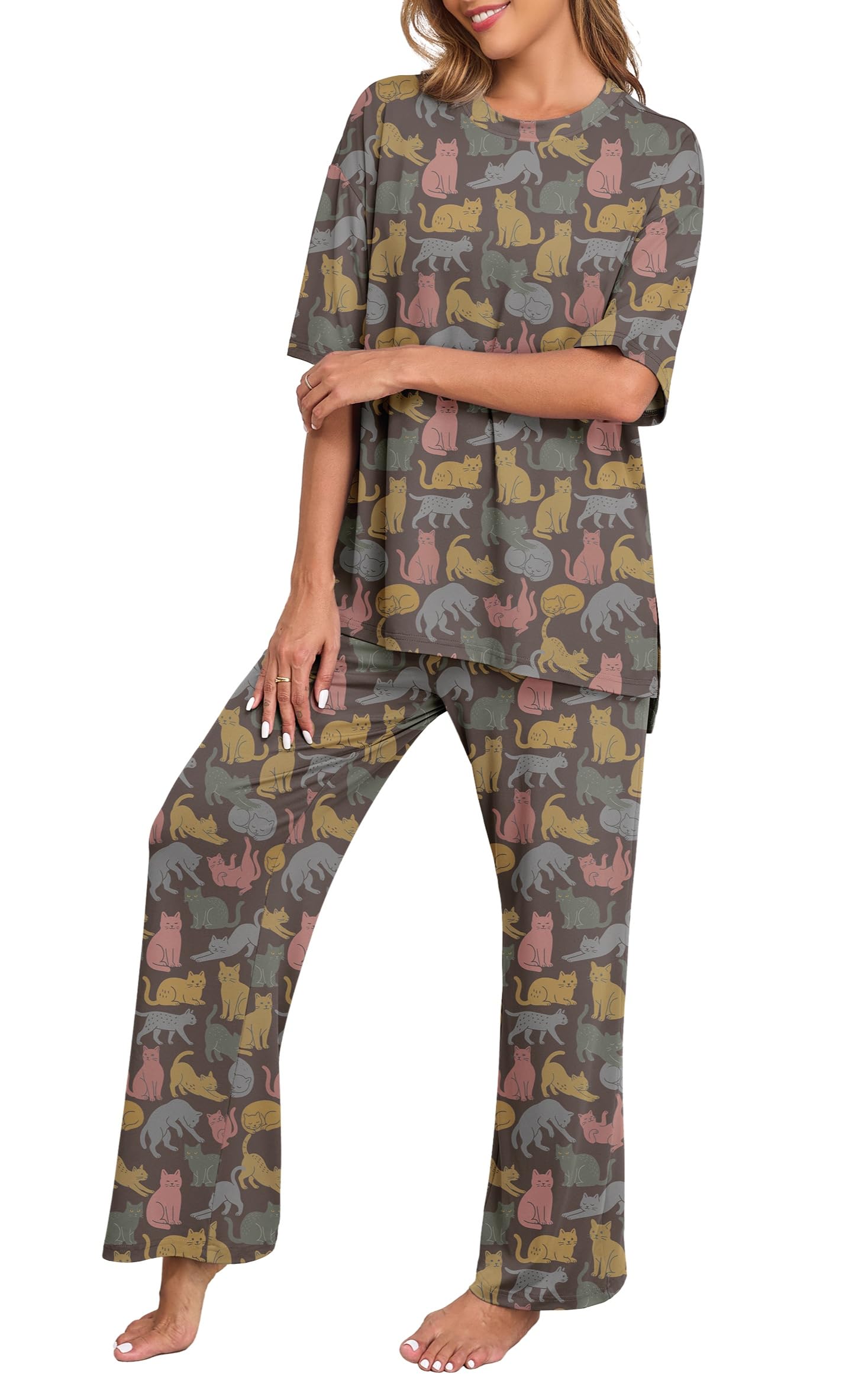 PrinStory Womens Pajamas Sets 2 Piece Lounge Set Short Sleeve Tops and Long Pants Soft Pjs Loungewear with Pockets