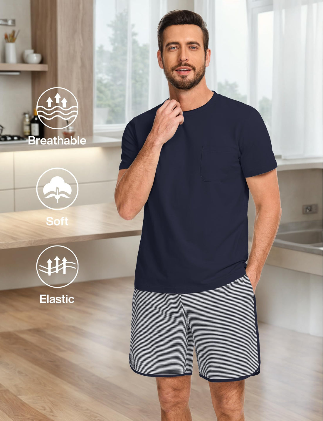 Mens Cotton Pajamas Set Stripe 2 Piece Lounge Set Pjs Summer Short Sleeve and Shorts Comfy Loungewear with Pockets WEBE CLOTHING