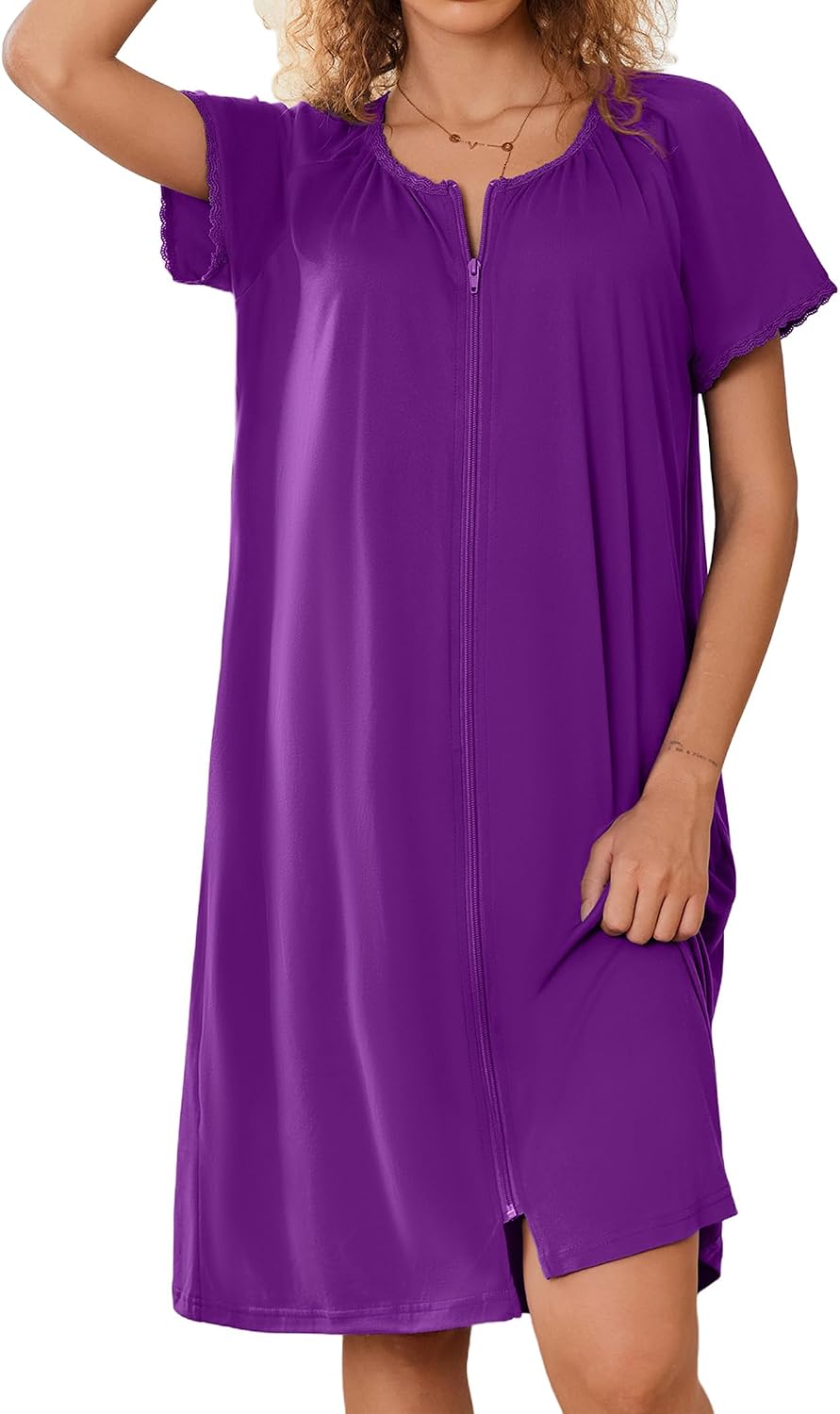 Ekouaer Zipper Robes for Women Short Sleeves Knit Bathrobes Knee Length Soft Lace Trim Loungewear with Pockets S-3XL WEBE CLOTHING