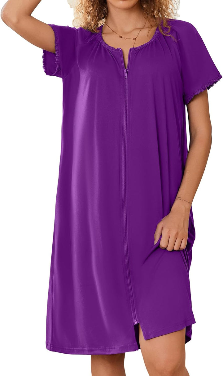 Ekouaer Zipper Robes for Women Short Sleeves Knit Bathrobes Knee Length Soft Lace Trim Loungewear with Pockets S-3XL WEBE CLOTHING