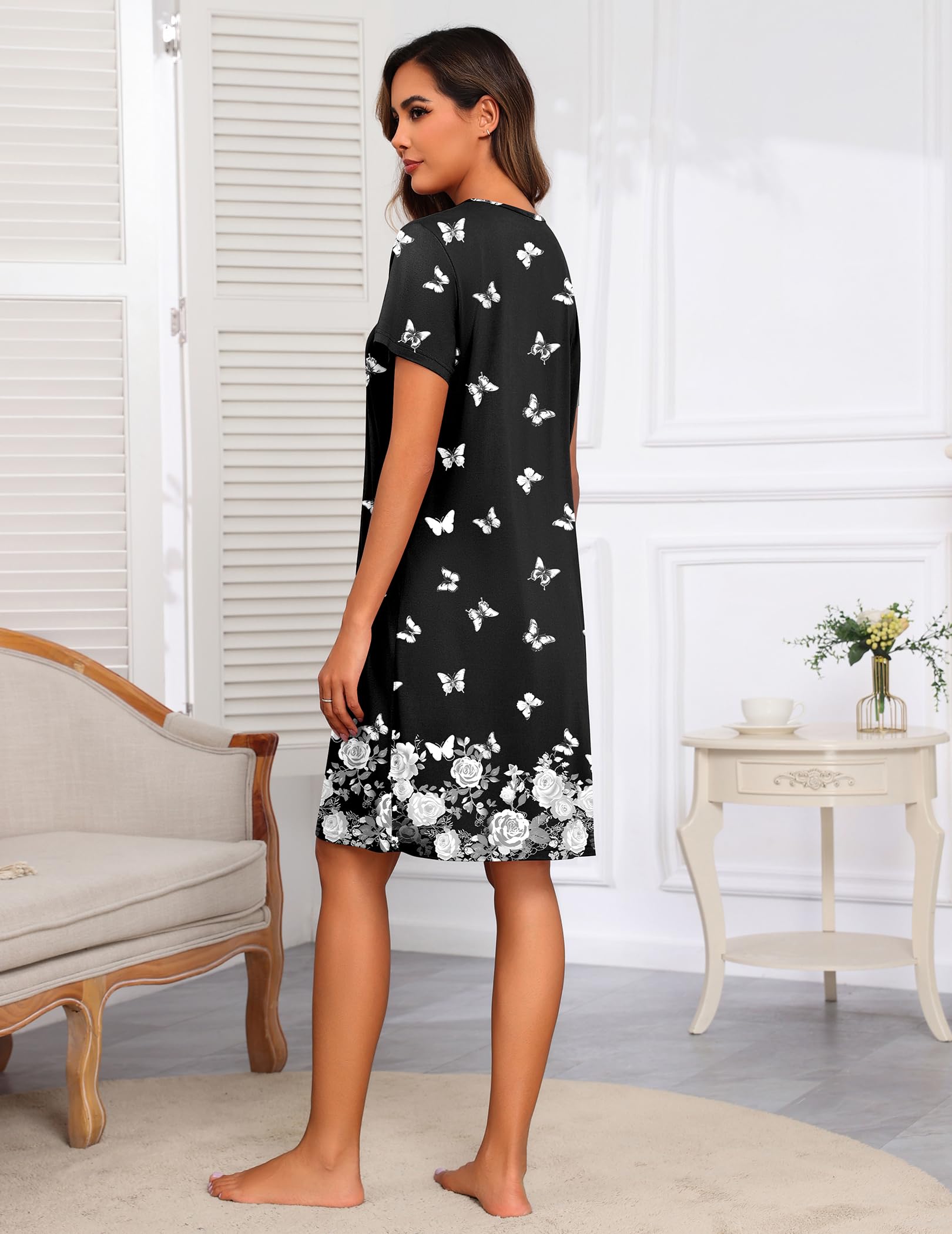 Ekouaer Women Robes Lightweight House Coat Short Sleeve Floral Print Mumu House Dresses with Pockets Zipper Nightgowns