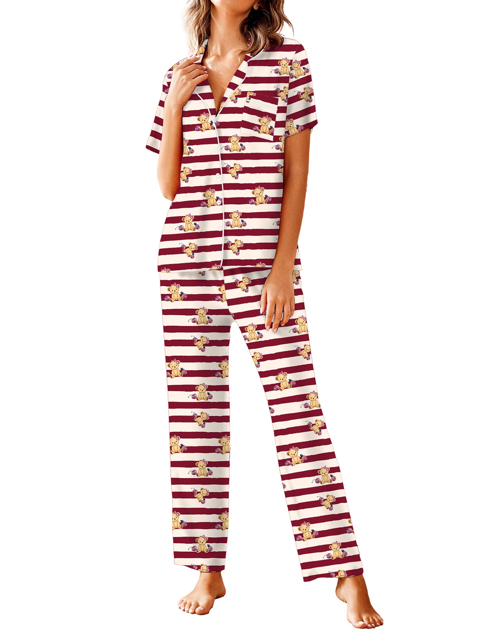 Avidlove Women Pajamas Set Notch Collar Soft Sleepwear Pjs Short Sleeve Button Down Nightwear with Long Pants WEBE CLOTHING