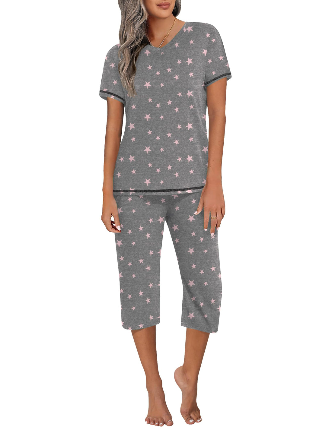 Ekouaer Women's Sleepwear Capri Pajama Sets Short Sleeve Two-Piece Pjs V Neck Tops & Capri Pants with Pockets S-3XL