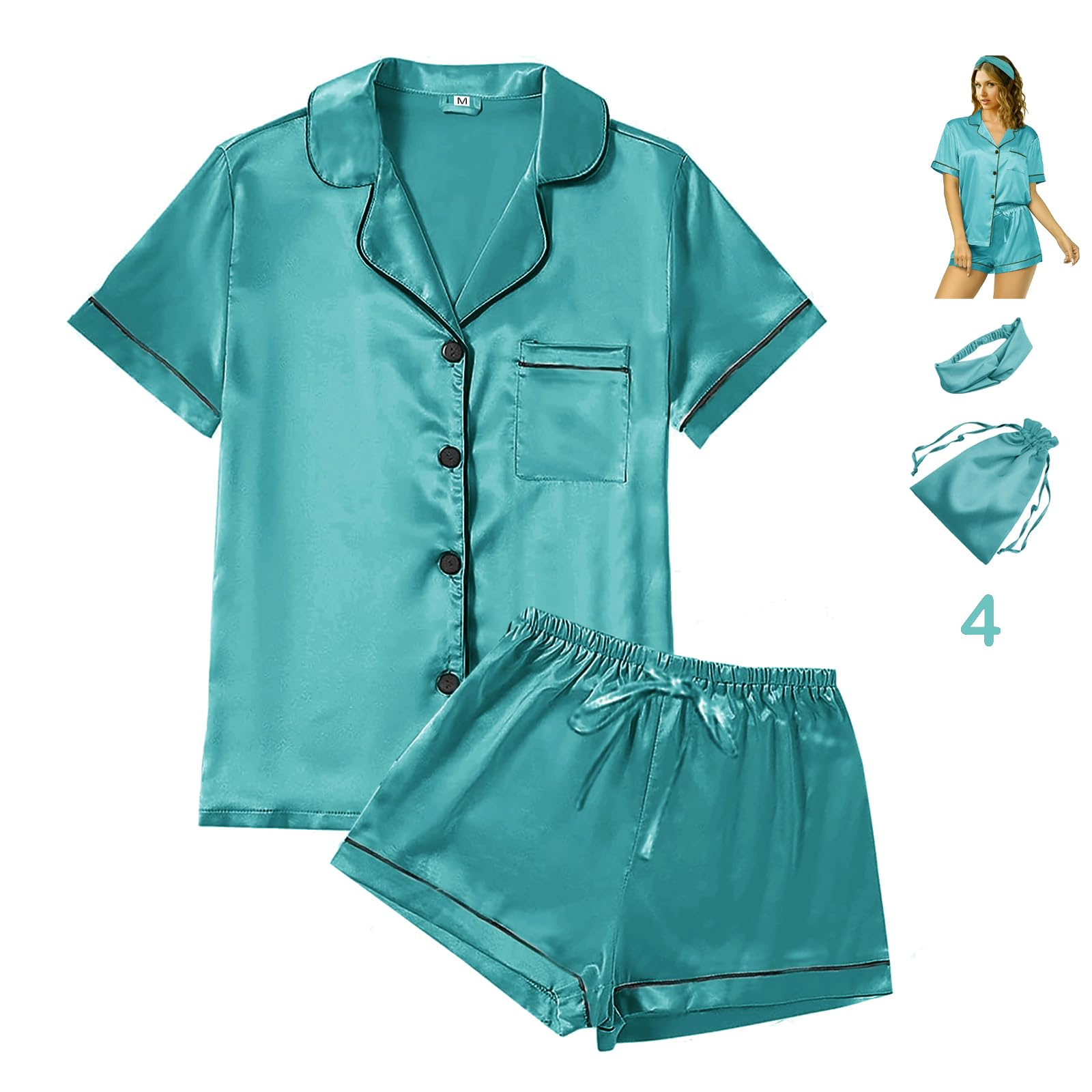 WJing Yi Jia 4Pcs Womens Satin Silky Pajama Sets Short Sleeve Shirt XS-4XL Floral Pajamas Set Soft PJ Loungewear Sleepwear