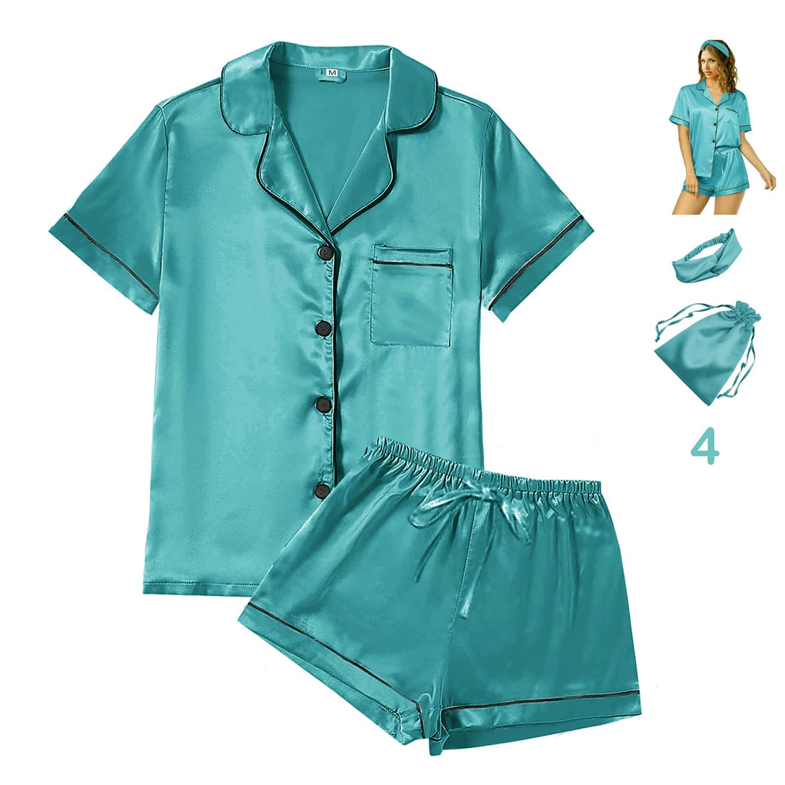 WJing Yi Jia 4Pcs Womens Satin Silky Pajama Sets Short Sleeve Shirt XS-4XL Floral Pajamas Set Soft PJ Loungewear Sleepwear