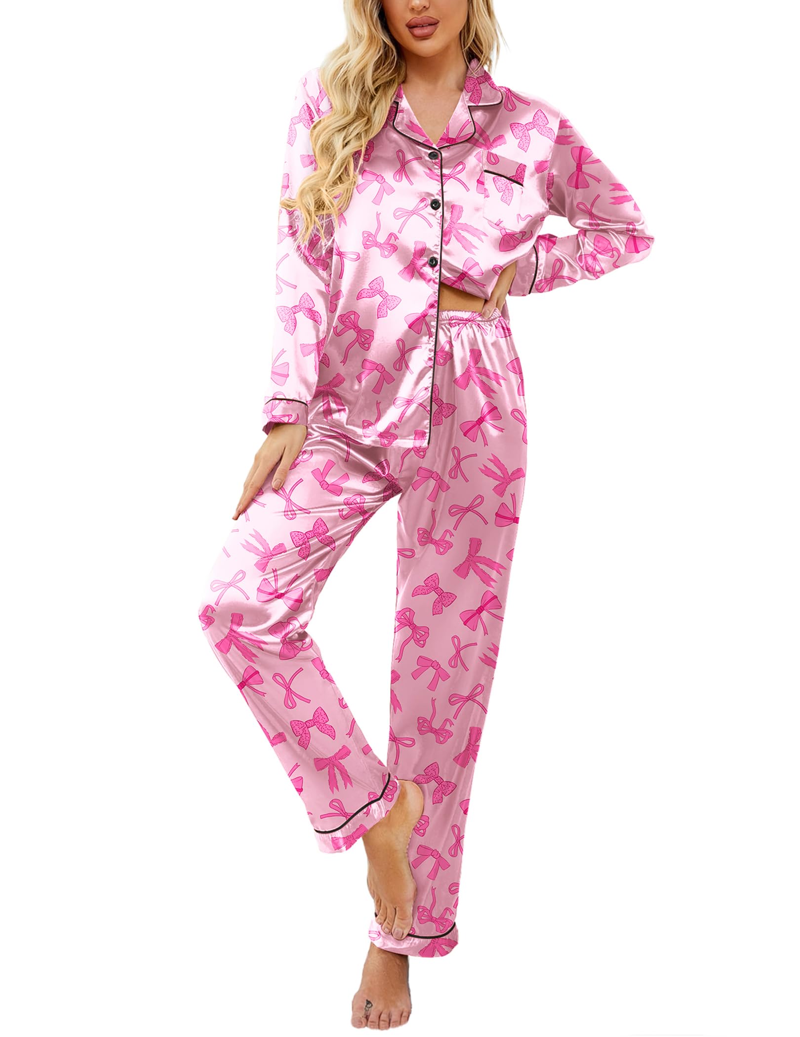 Ekouaer Womens Satin Silky Pajama Set Classic Pattern Button Down Pjs Set | Soft Fabric, Long Sleeve Notch Collar with Contrast Piping, Chest Pocket, Gifting Sleepwear WEBE CLOTHING