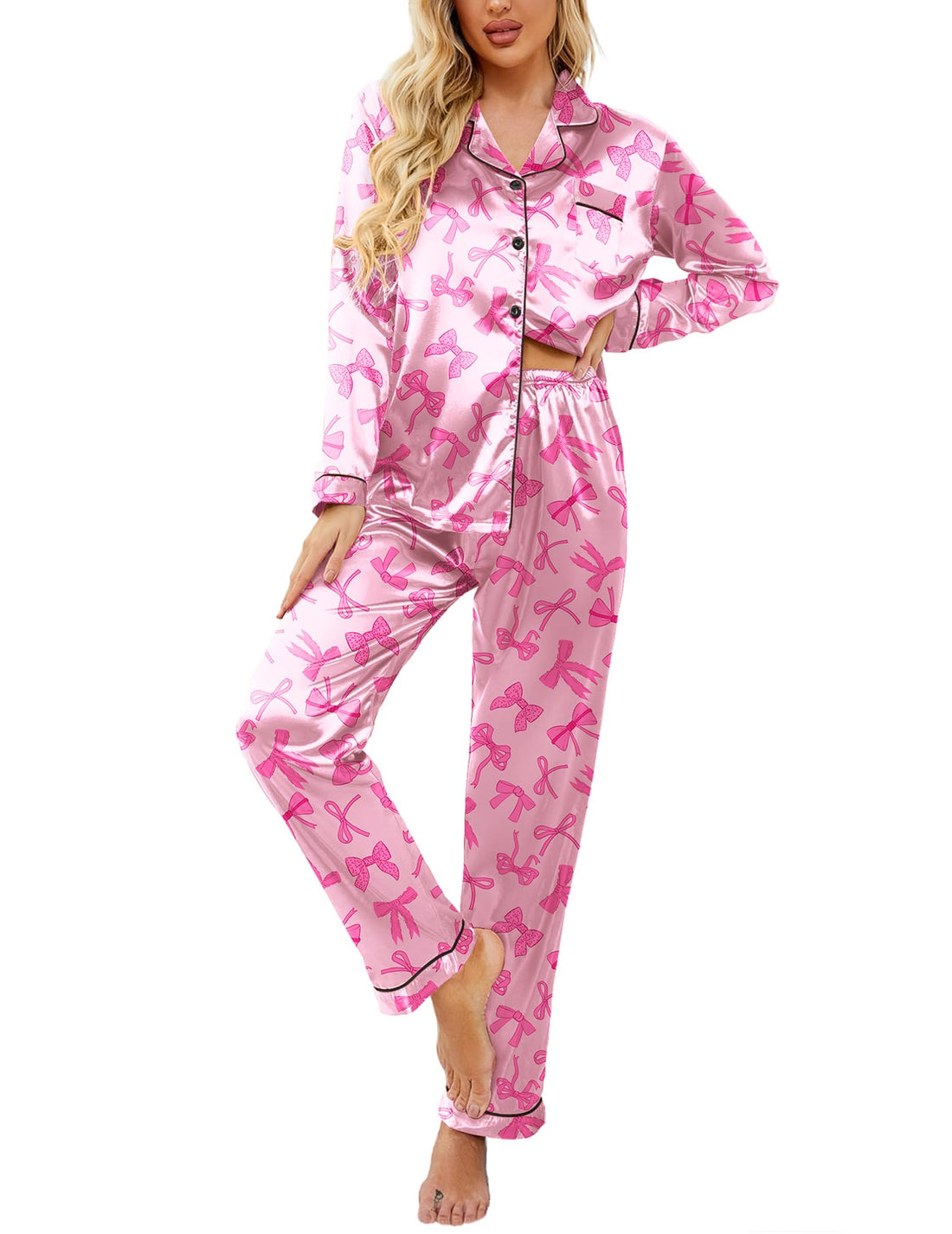 Ekouaer Womens Satin Silky Pajama Set Classic Pattern Button Down Pjs Set | Soft Fabric, Long Sleeve Notch Collar with Contrast Piping, Chest Pocket, Gifting Sleepwear WEBE CLOTHING