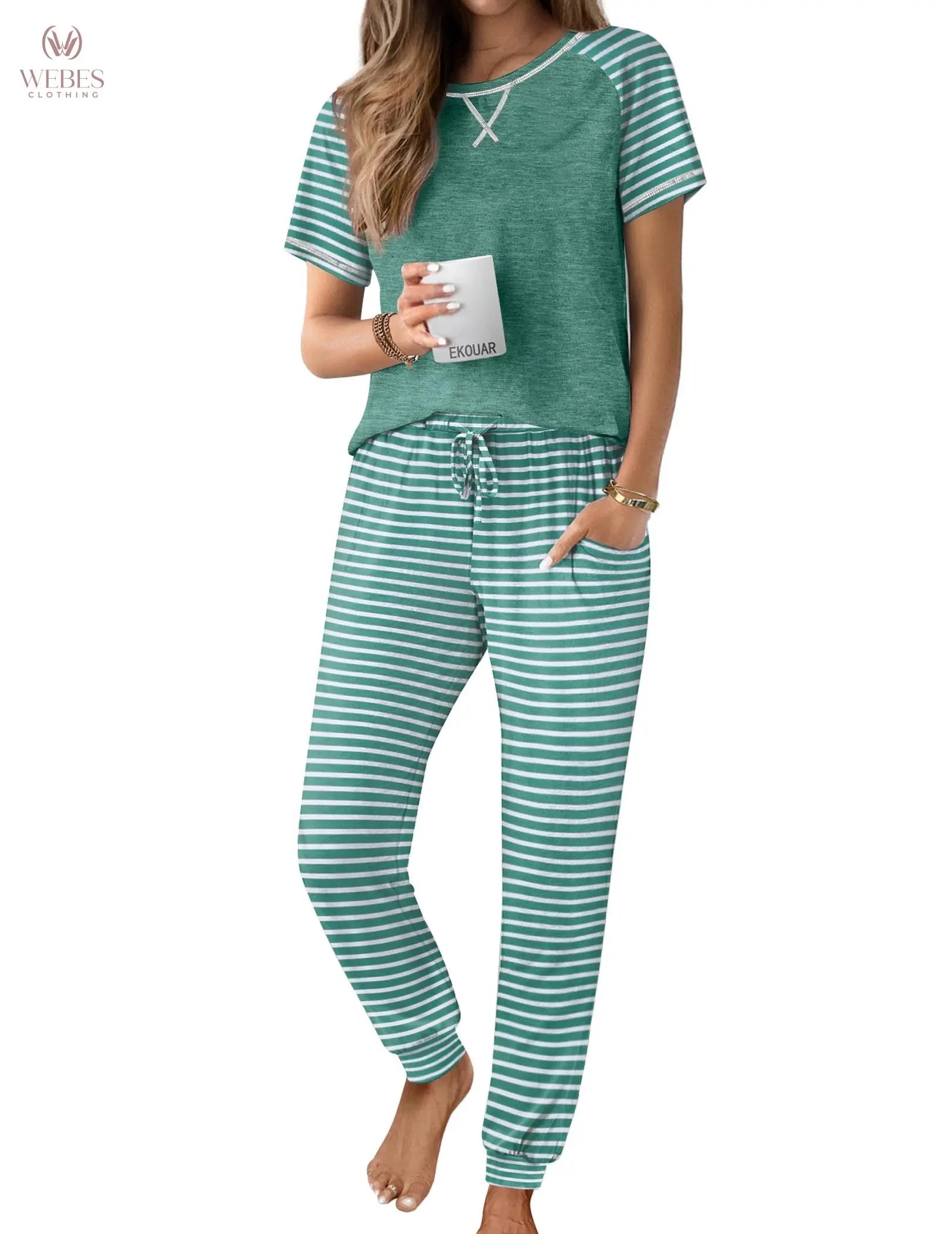 Ekouaer Pajamas for Women Set Short Sleeve PJ Set 2 Piece Jogger Pants | Soft Women Pajama Sets with Cozy Sleepwear Lounge Set Style Featuring Pockets Raglan Short Sleeve Top and Jogger Pants WEBE CLOTHING