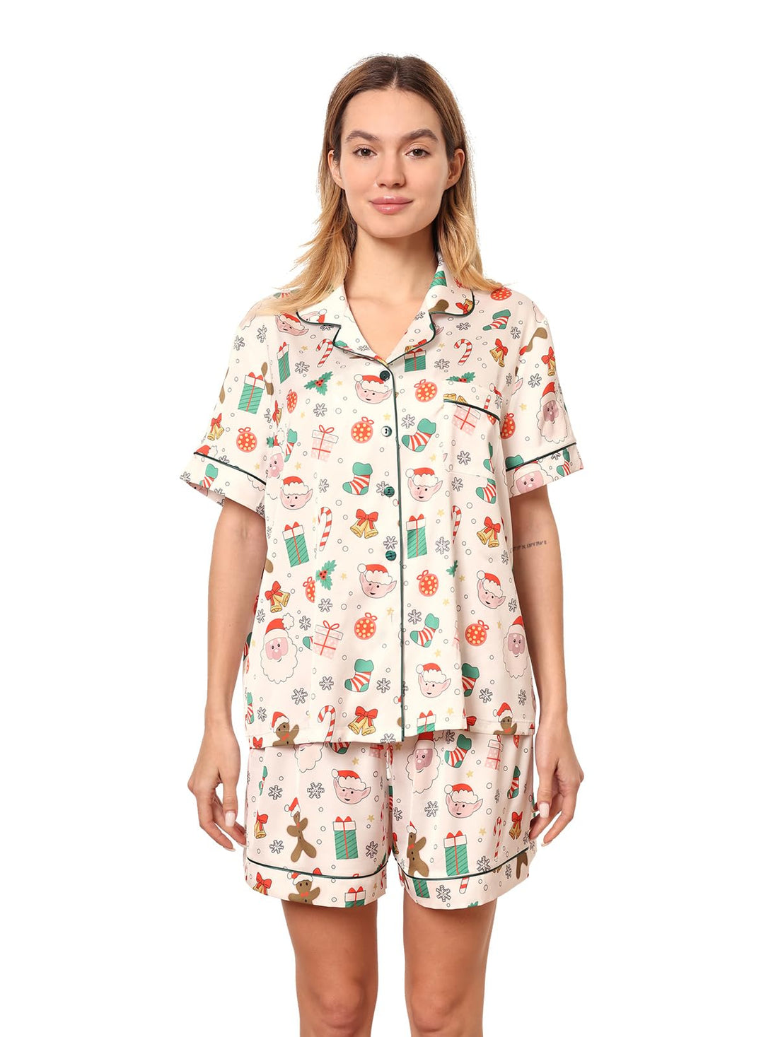 Christmas Pajamas Shorts Silk Pjs Women Satin Pajama Cute Print Tee and Shorts Gift Sleepwear 2 Pieces Loungewear