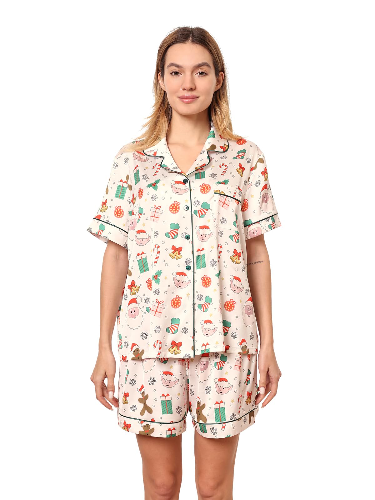 Christmas Pajamas Shorts Silk Pjs Women Satin Pajama Cute Print Tee and Shorts Gift Sleepwear 2 Pieces Loungewear