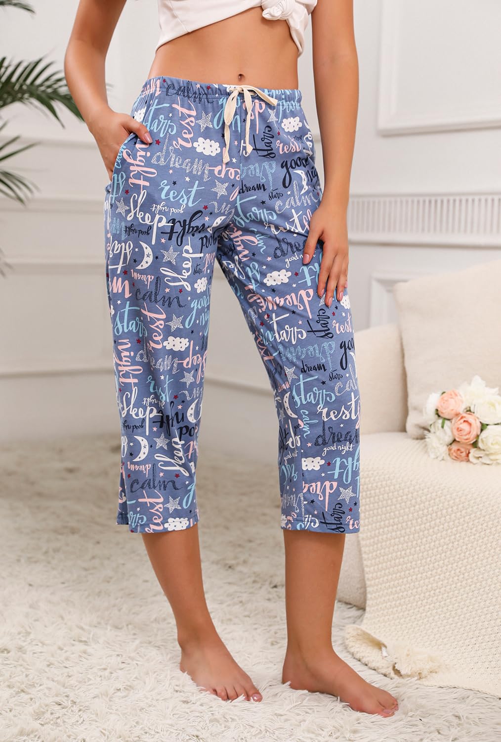 PNAEONG 3 Pack Women Pajama Pants Capri Length Drawstring Pj Bottoms Sleep Lounge Pants with Pockets S-3XL