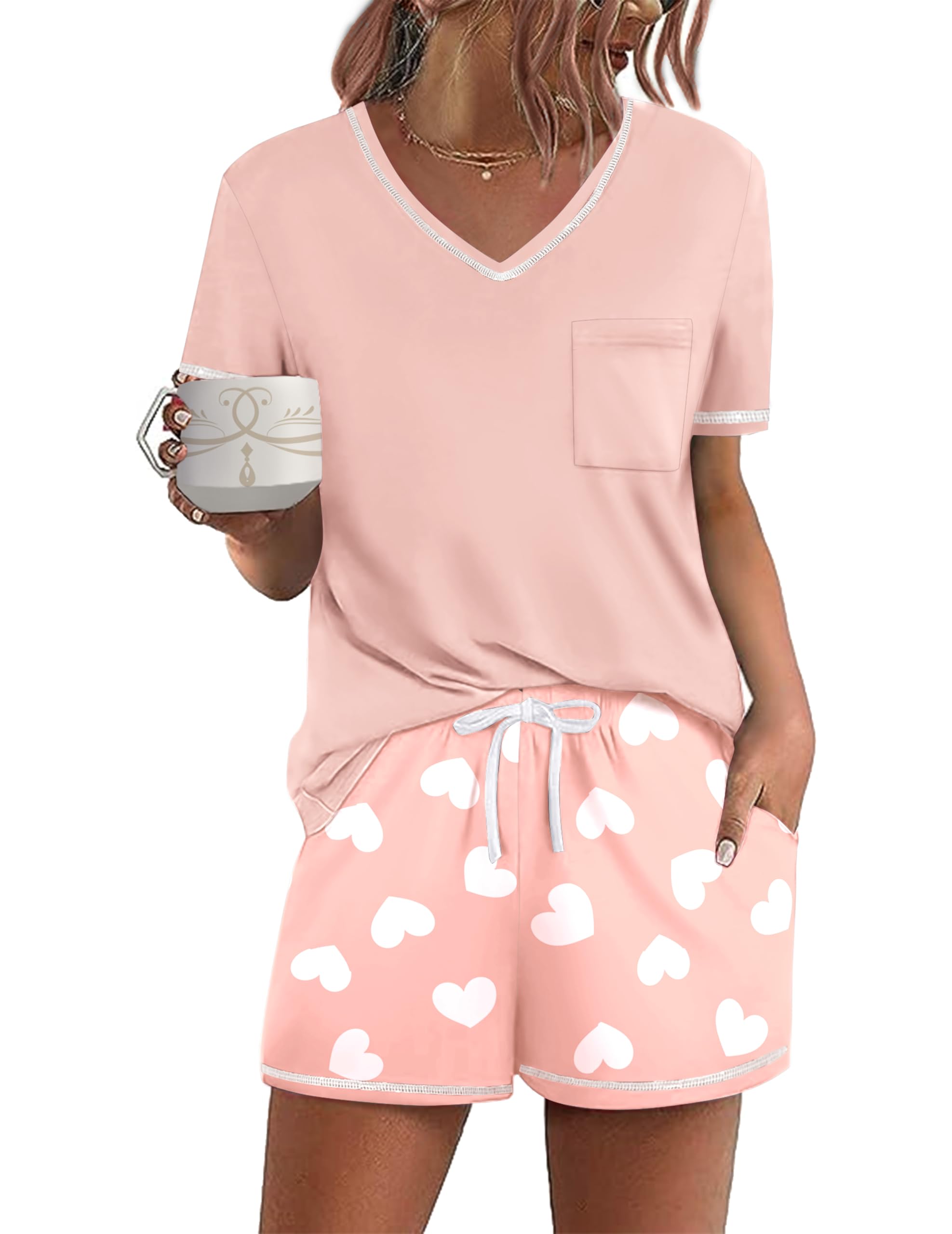 Ekouaer Women's Pajamas Sets Short Sleeve Pjs Two Piece Sleepwear Casual Lounge Sets With Pockets