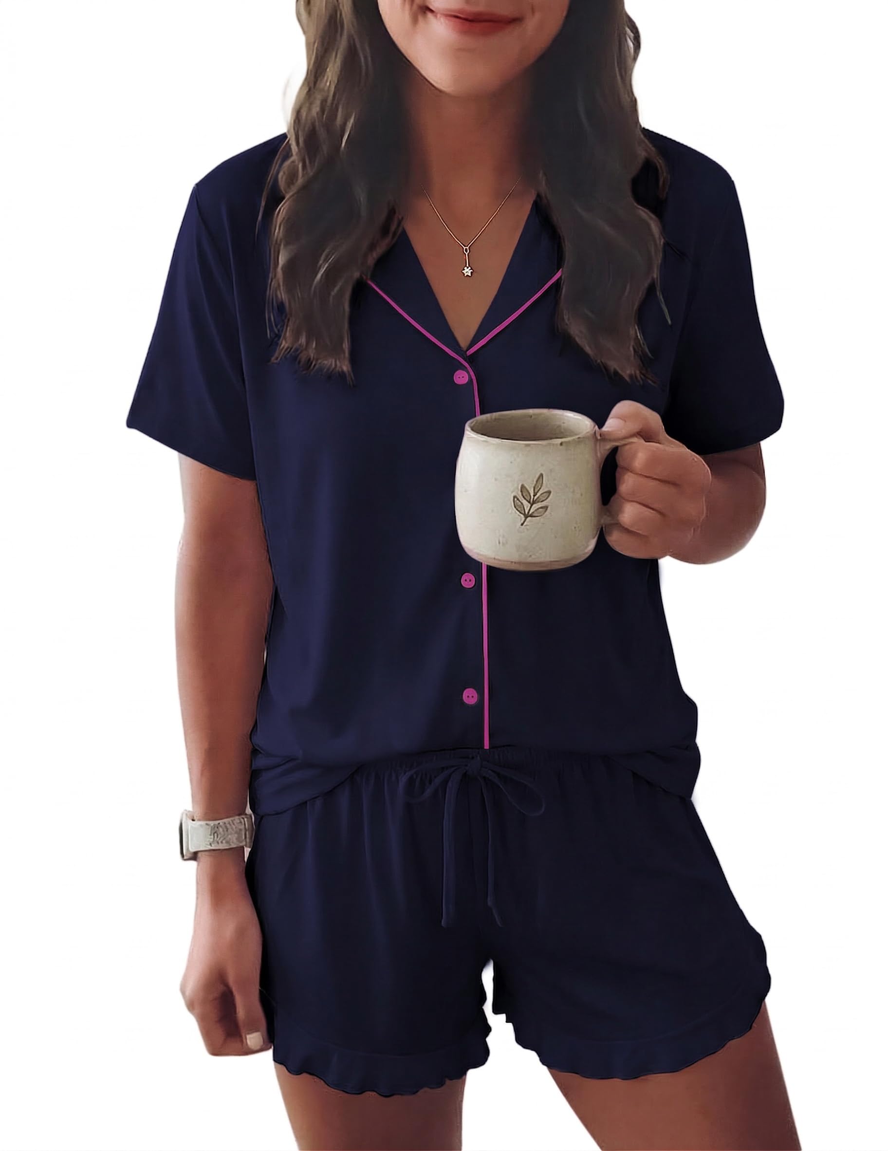 Ekouaer Womens Pajama Sets Button Down Short Sleeve Top and Shorts Cute Ruffled Pjs Sets Sleepwear