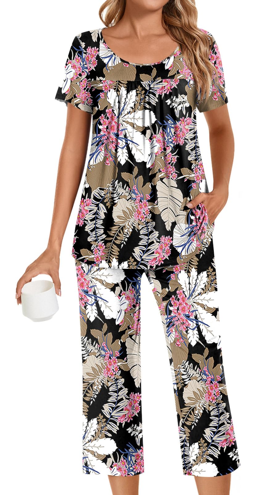 POPYOUNG Womens Pajama Sets Summer Ladies Pjs 2 Piece Loungewear Capri with Pockets Sleepwear