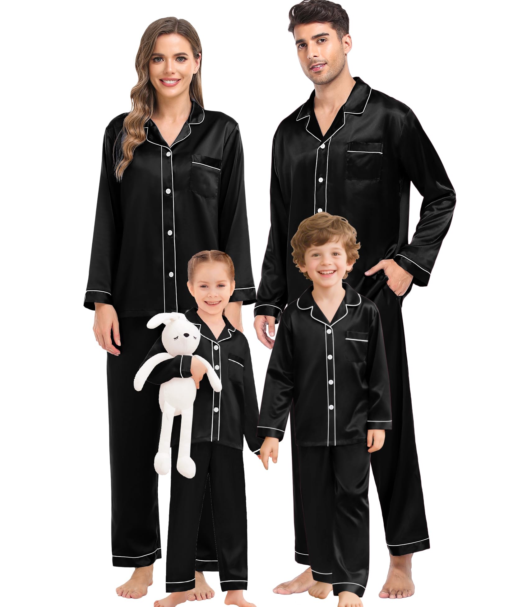 SWOMOG Family Matching Pajama Set Women/Men/Kids Satin Pajamas Long Sleeve Sleepwear Button Down Loungewear 2 Pcs Pj Set