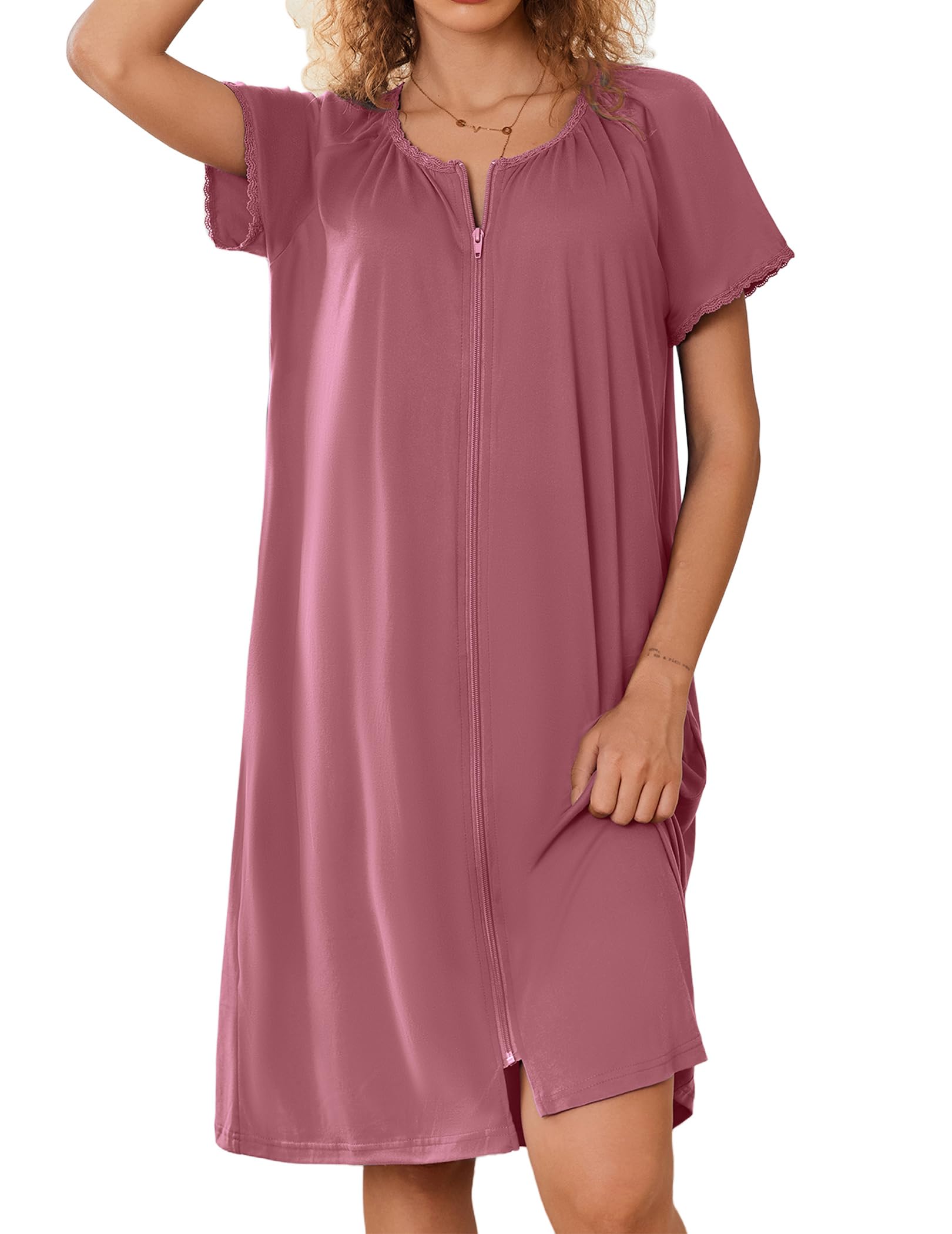 Ekouaer Zipper Robes for Women Short Sleeves Knit Bathrobes Knee Length Soft Lace Trim Loungewear with Pockets S-3XL WEBE CLOTHING