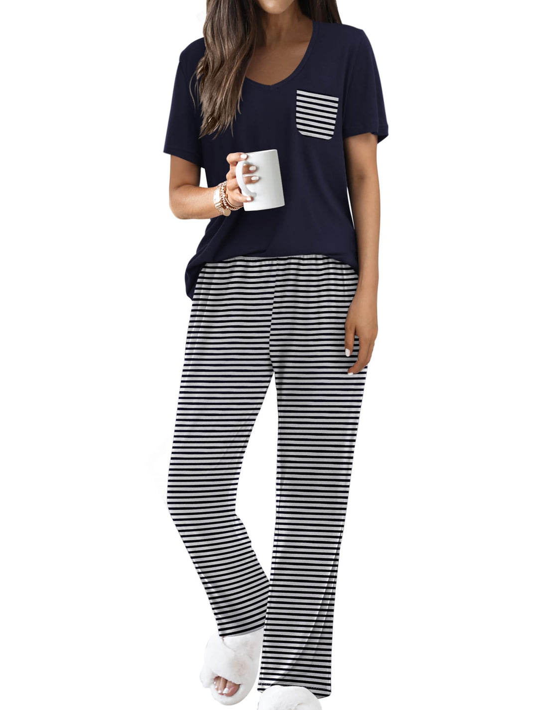 Ekouaer Pajama Sets for Women Short Sleeve Pj Set V Neck Sleepwear Chest Pocket with Long Pants Casual Loose Loungewear WEBE CLOTHING