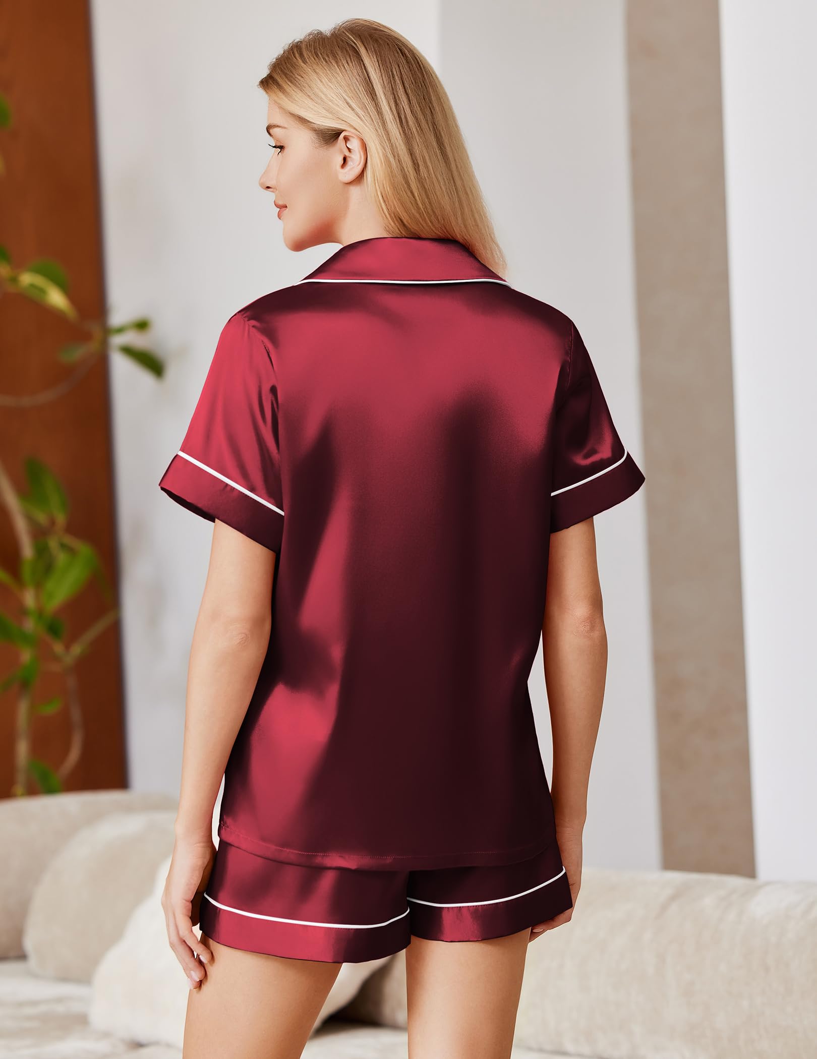 Ekouaer Satin Pajamas for Women Silk Pjs Short Set 2 Piece Button Up Lounge Sets Short Sleeve Sleepwear S-XXL WEBE CLOTHING