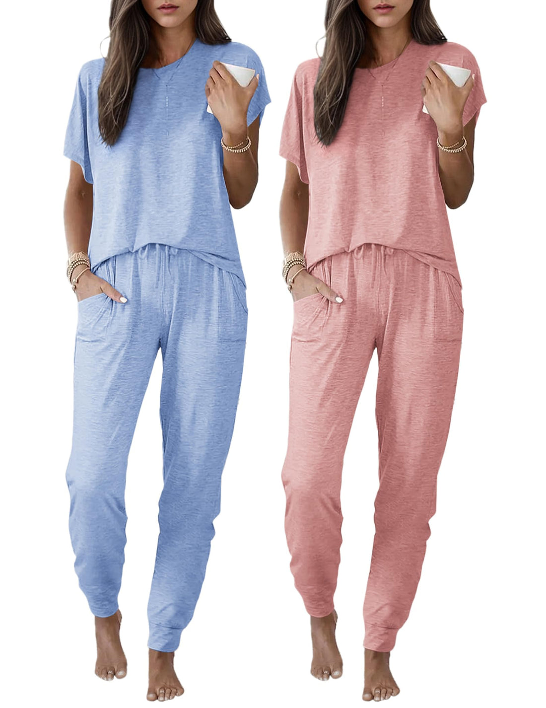 Ekouaer 2 pack Pajama Sets for Womens Jogger Pants Pjs Short Sleeves Lounge Set Soft Sleepwear with Pockets