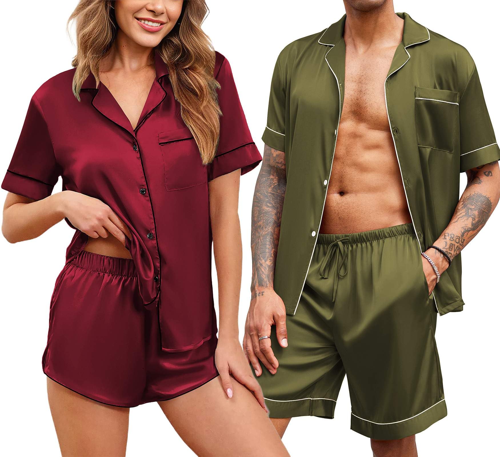 Ekouaer Silk Satin Matching Pajamas Sets Couple Button Down Nightwear Women & Men Short Sleeve Sleepwear 2 Pieces Loungewear