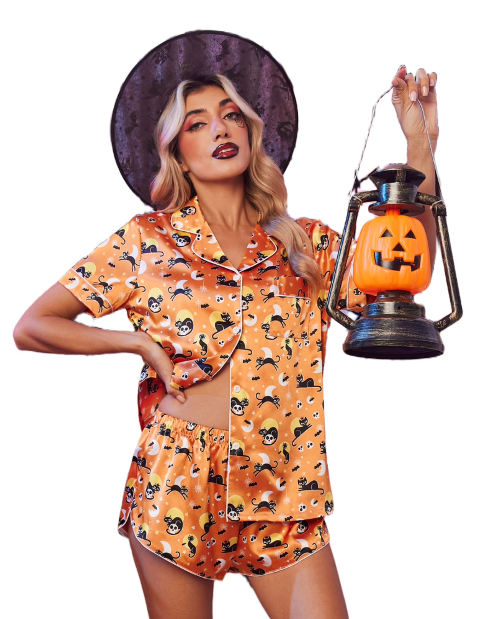 Ekouaer Womens Silk Satin Pajama Set Print Short Sleeve Sleepwear Button Down Pjs Shorts Set Loungewear