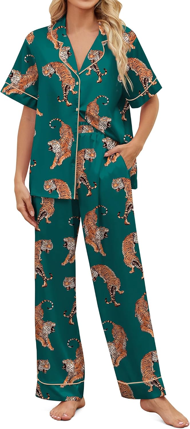 SHESHOW Satin Pajamas for Women Set Button Down Sleepwear Print Pjs Set 2 Piece Short Sleeve Long Loungewear Size XS-XXL WEBE CLOTHING