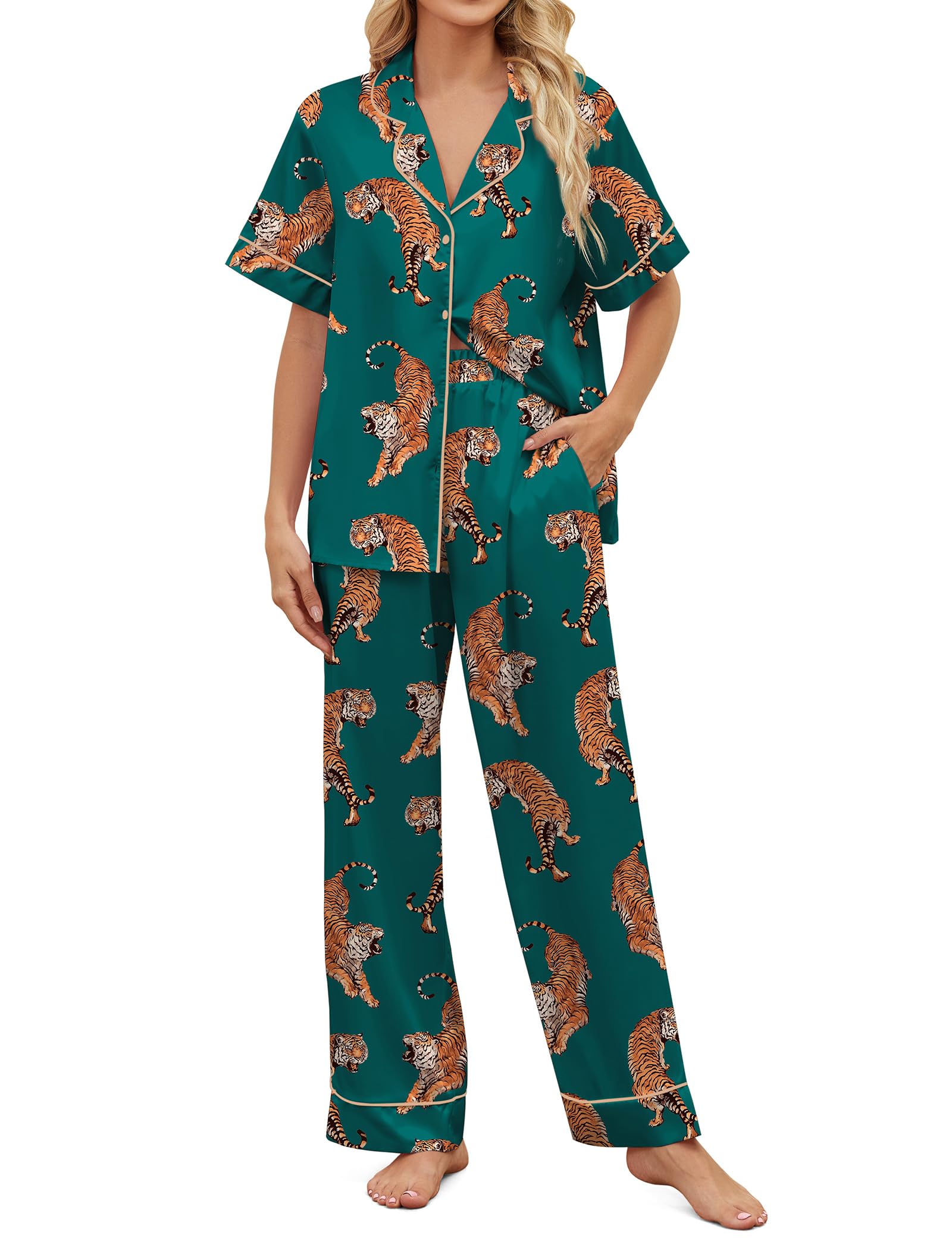 SHESHOW Satin Pajamas for Women Set Button Down Sleepwear Print Pjs Set 2 Piece Short Sleeve Long Loungewear Size XS-XXL WEBE CLOTHING