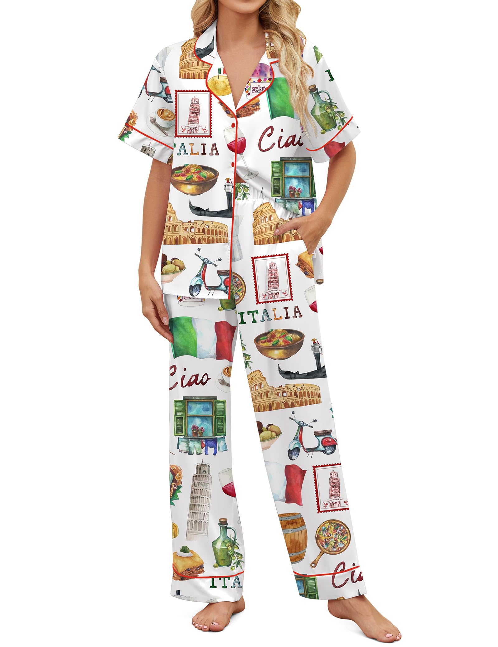SHESHOW Satin Pajamas for Women Set Button Down Sleepwear Print Pjs Set 2 Piece Short Sleeve Long Loungewear Size XS-XXL WEBE CLOTHING