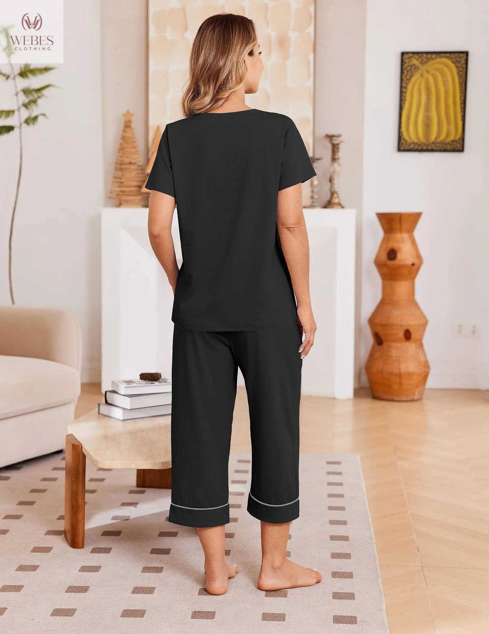 Ekouaer Cotton Pajamas for Women Set Short Sleeve Top and Capri Pants | 2 Pieces Lounge Set with Pockets V Neck Comfy Soft Sleepwear for Mom, Wife, Grandmother WEBE CLOTHING