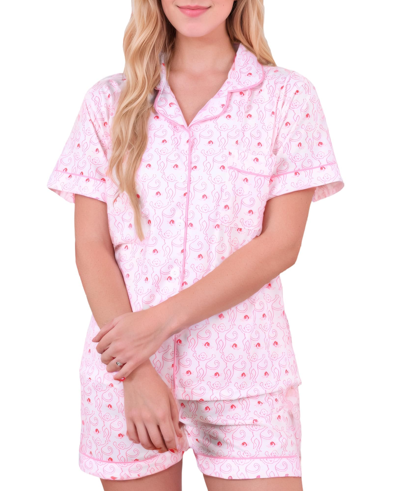 Women Y2k Pajamas Set Cute Preppy 2PCS Button Down Holiday Monkey Shorts Summer Outfit Beach Vacation Loungewear PJs WEBE CLOTHING