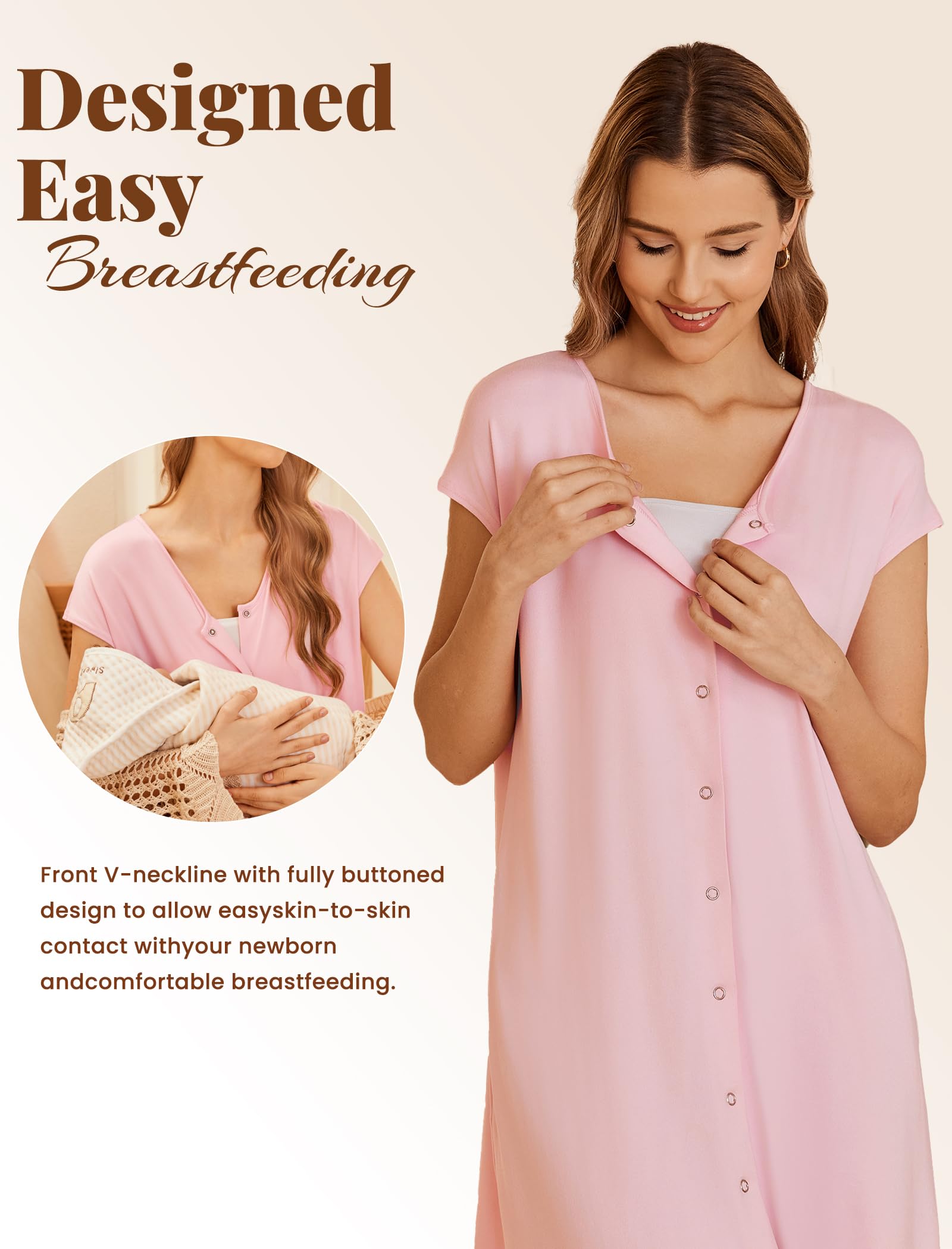 Ekouaer Labor and Delivery Gown for Hospital Birthing Gown Nursing Dress | Open Back Birthing Gown, Maternity Nursing Pajamas Dress Breastfeeding, Button C Section Postpartum Clothes