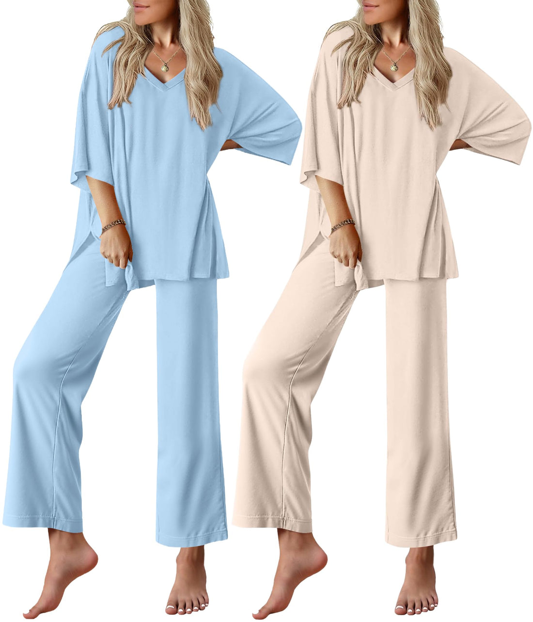 Ekouaer 2 Packs Lounge Sets for Women Short Sleeve Pajamas Set V Neck Top and Long Pants Comfy Pjs Outifts with Pockets